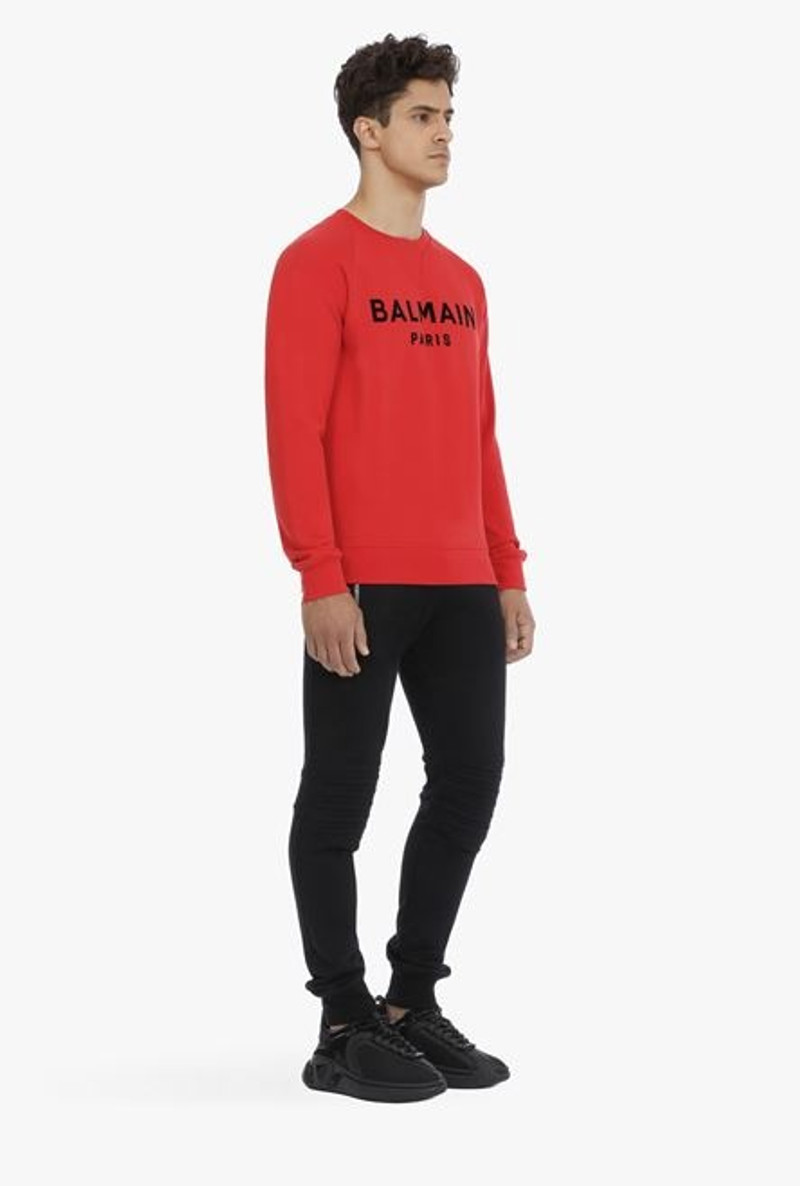 Red cotton sweatshirt with black velvet Balmain logo 7