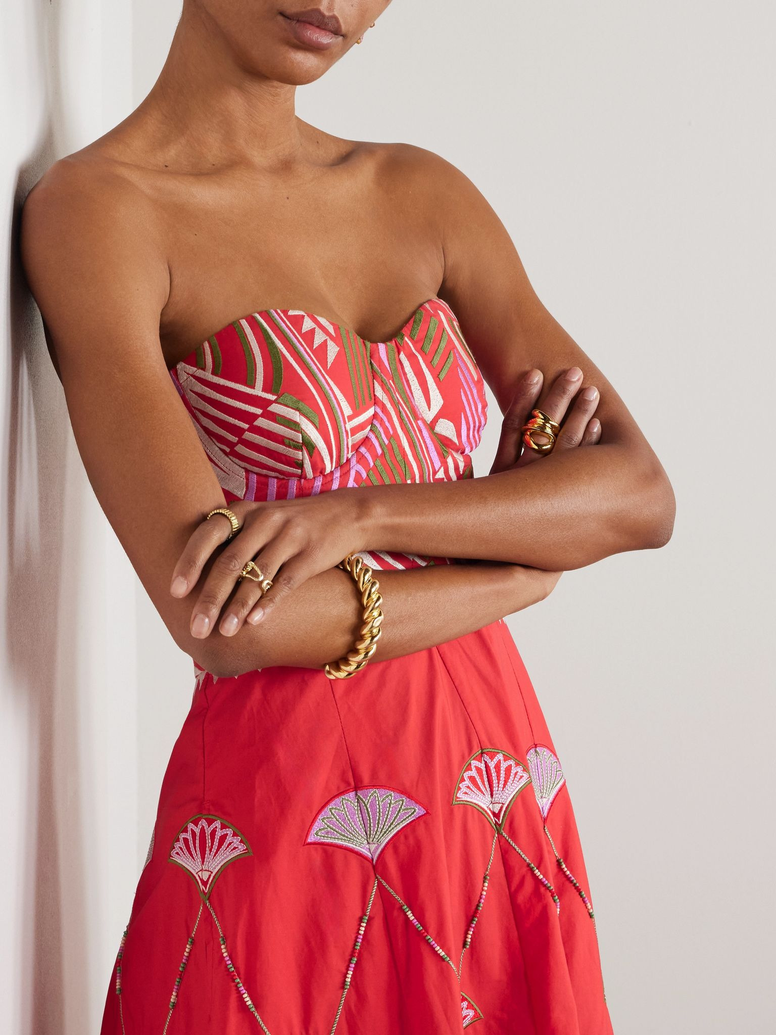 Lotty bead-embellished embroidered cotton-blend poplin halterneck midi dress Red - 5