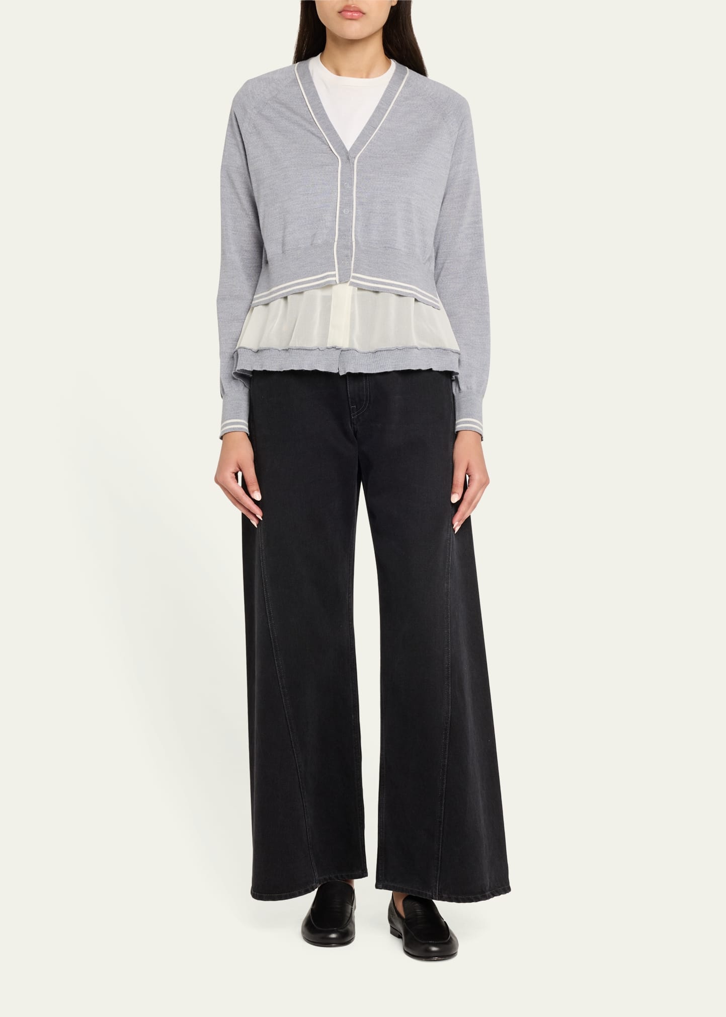 Chiffon-Trim V-Neck Cardigan - 2