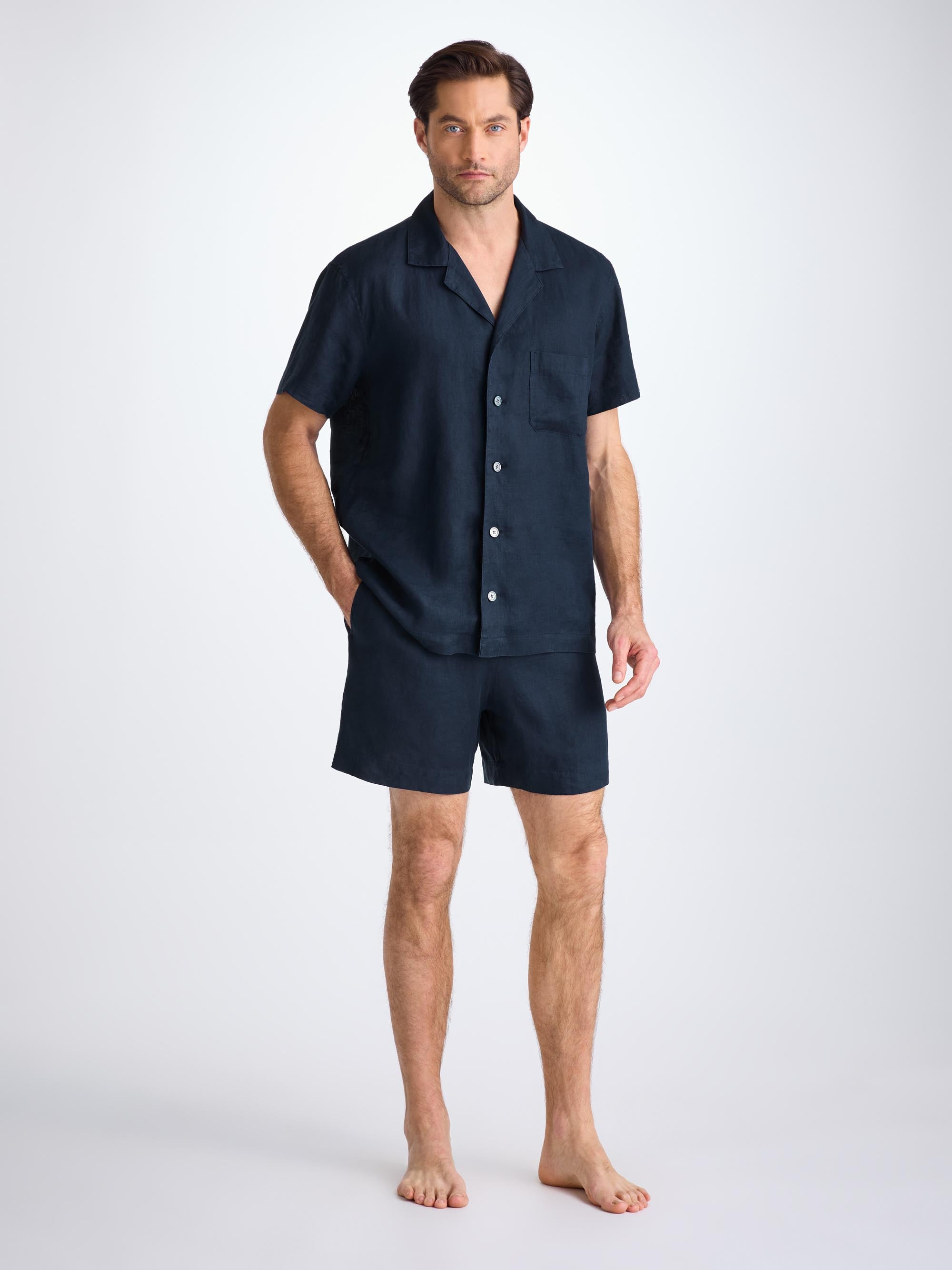 Men's Short Pajamas Sicily Linen Navy - 5