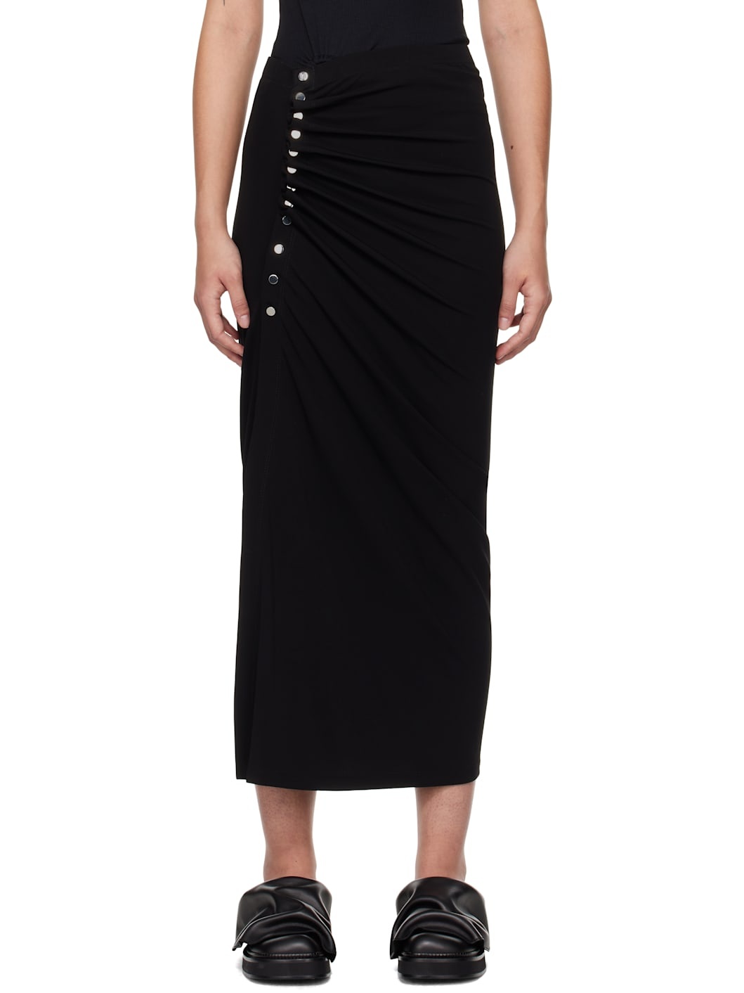 Black Drapé Pression Slit Midi Skirt - 1