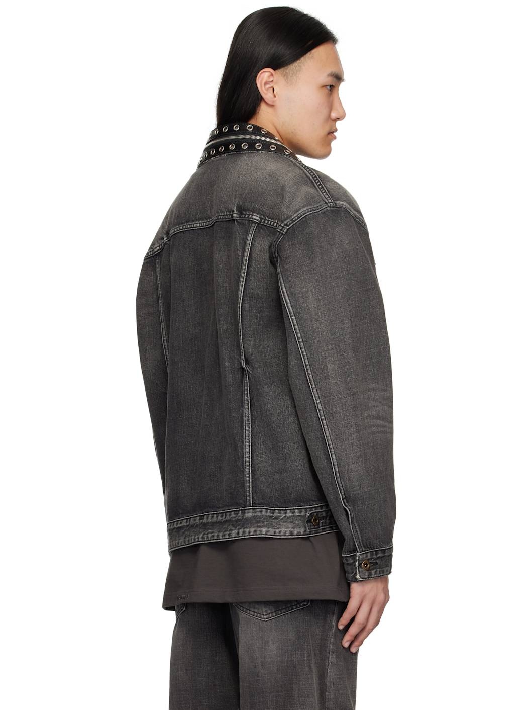 Black Belted Collar Denim Jacket - 3