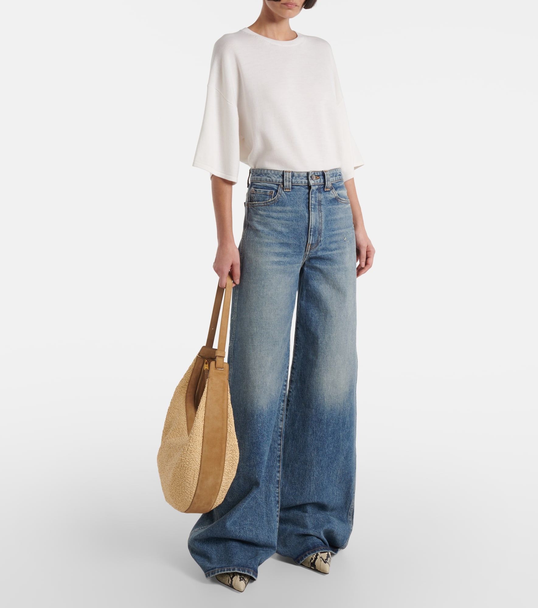 Augustina suede-trimmed raffia shoulder bag - 5