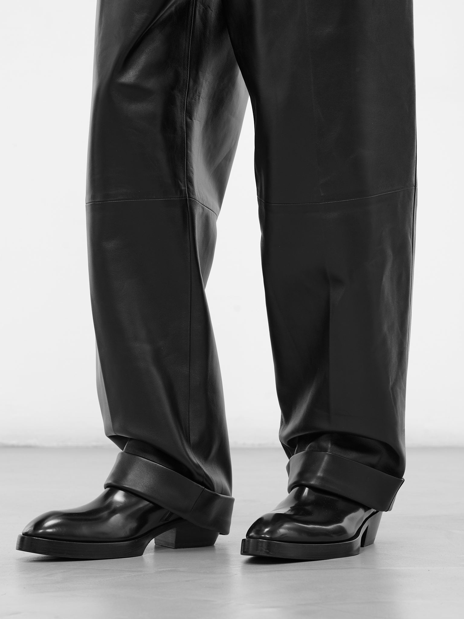 Black Leather Wide Leg Trousers - 5