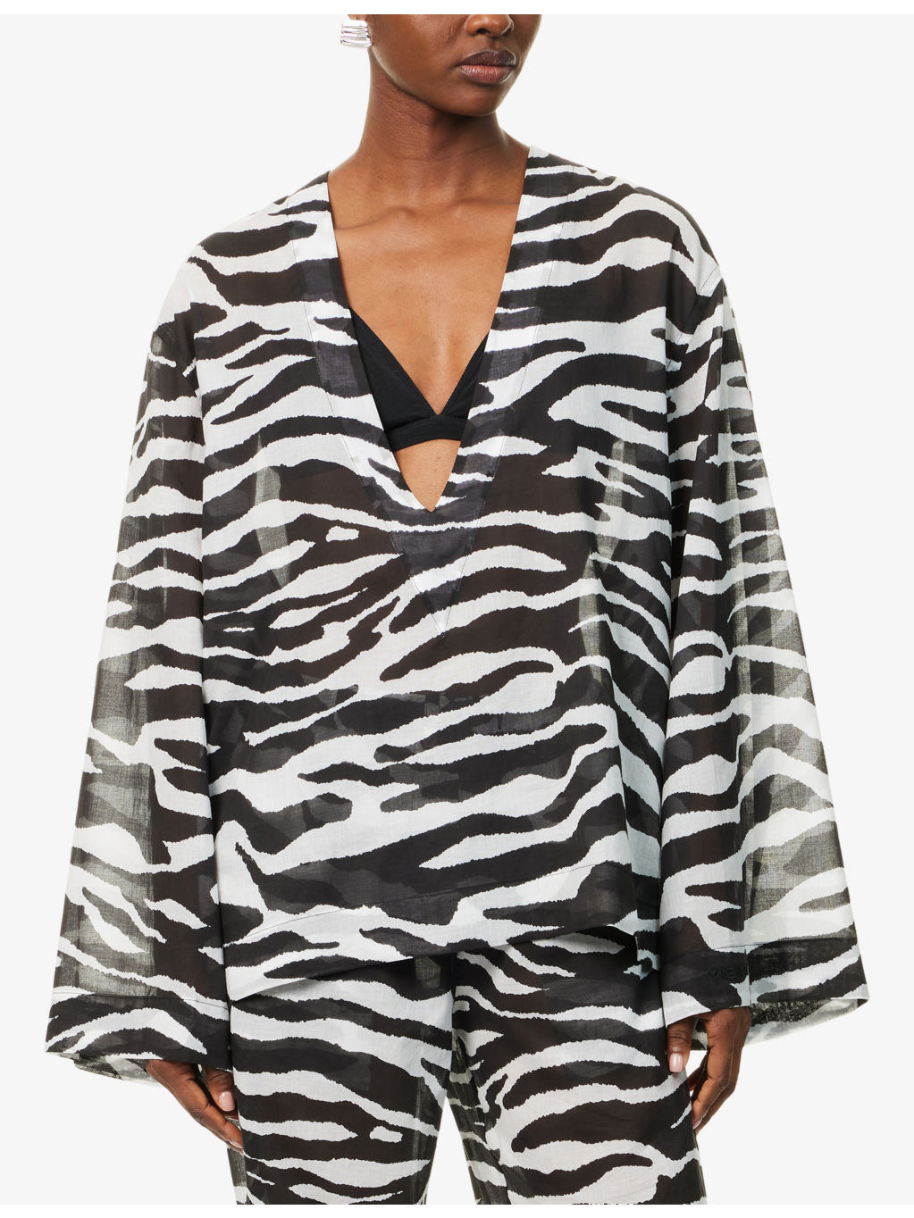 Zebra Plunge-V-Neck Cotton-Poplin Blouse - 3