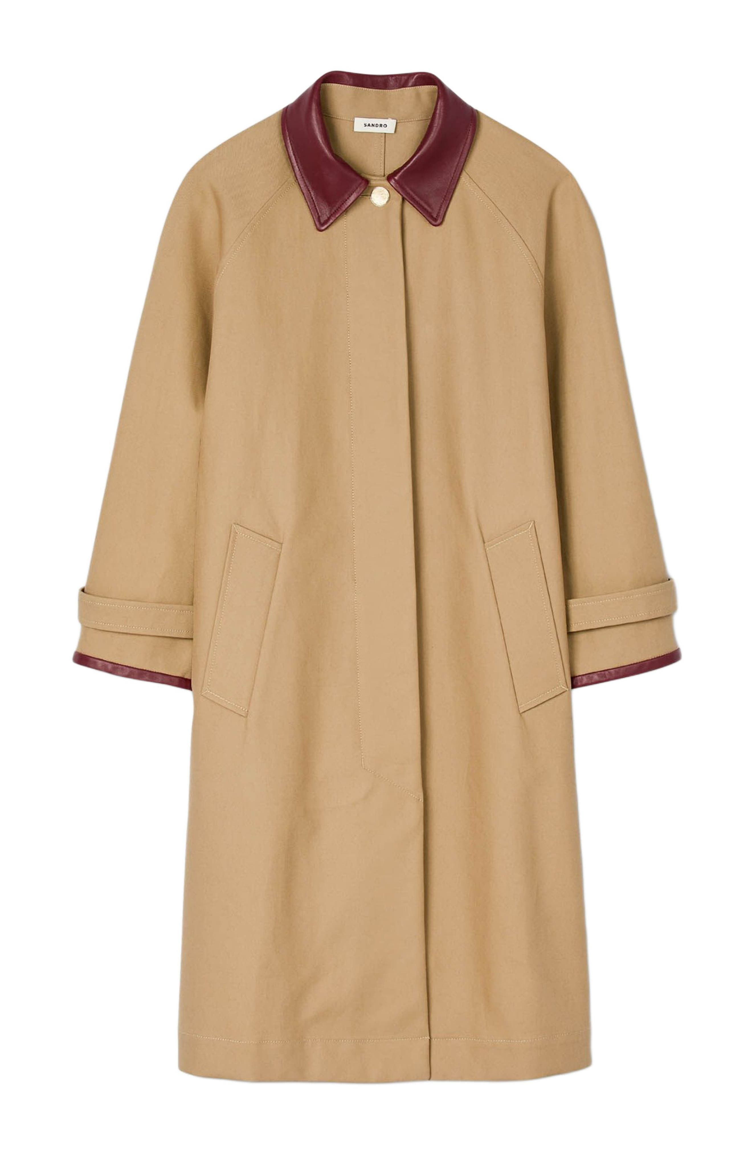 SANDRO Trench coat with leather collar in Beige at Nordstrom - 5