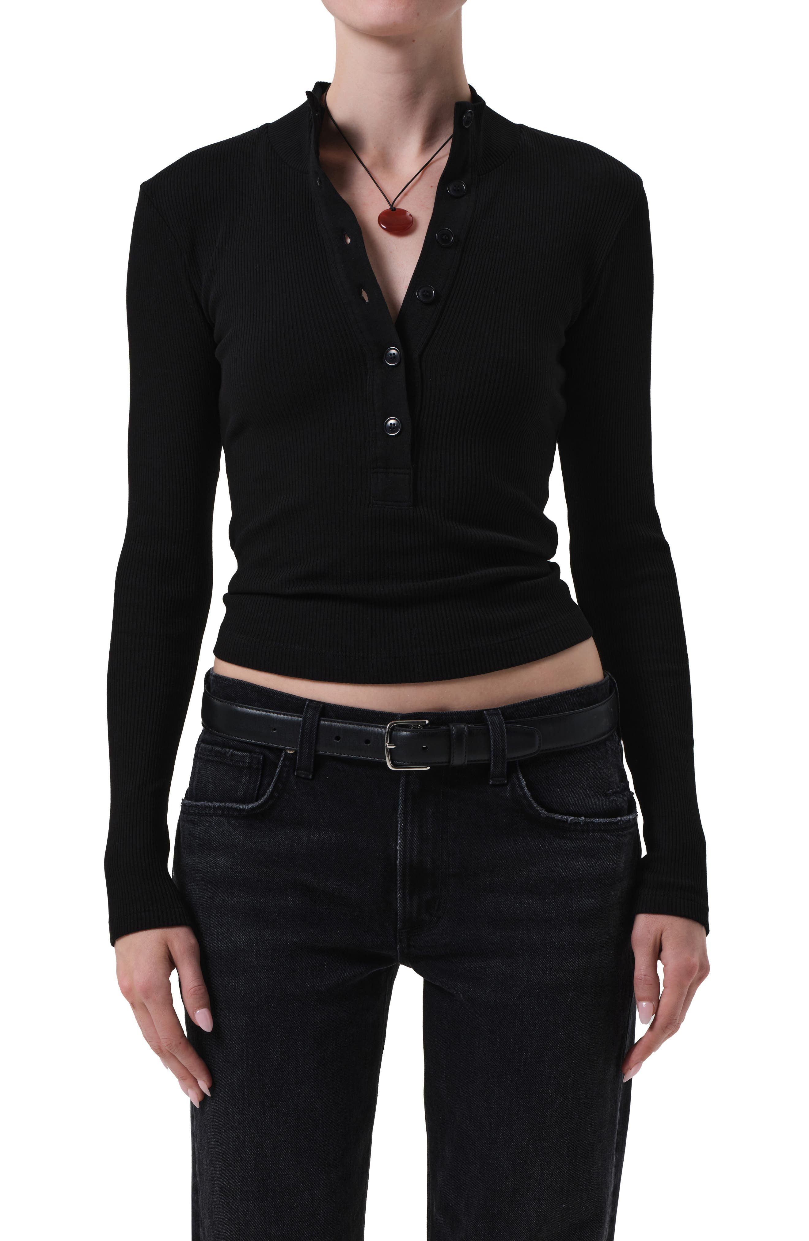 Citizens of Humanity Sheena Long Sleeve Rib Polo in Black at Nordstrom - 1