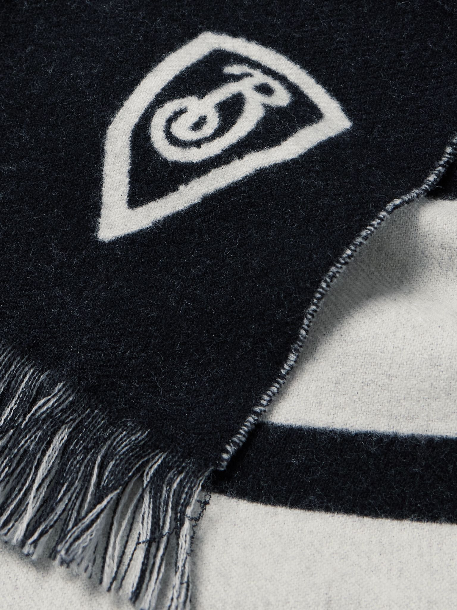 Fringed Logo-Jacquard Wool Scarf Black - 3