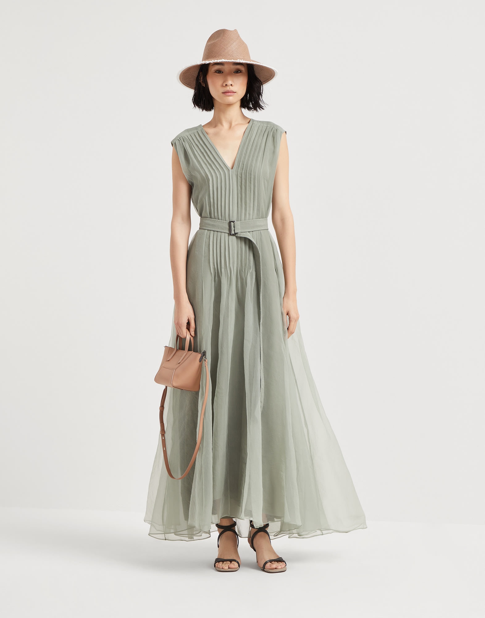 Crispy silk belted dress with pleated detail and precious strap - 5