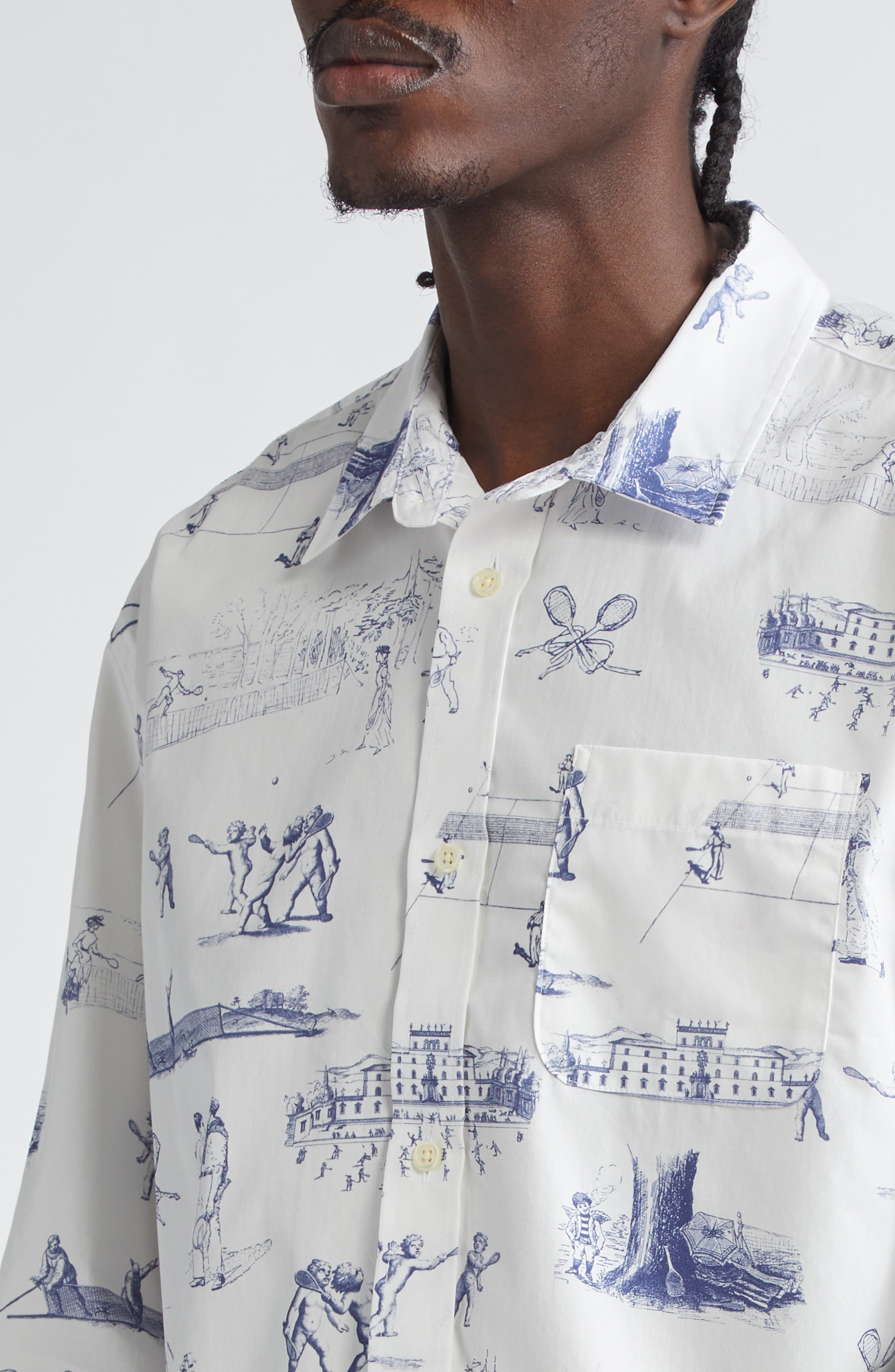 PALMES Tennis Print Cotton Poplin Button-Up Shirt in White at Nordstrom - 5