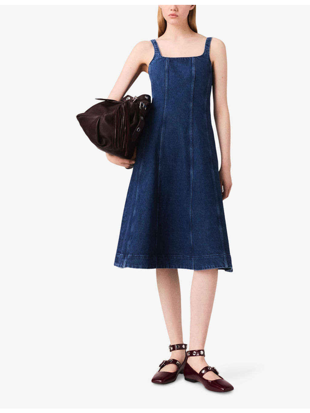 Round-Neck Flared-Skirt Sleeveless Stretch-Denim Midi Dress - 2