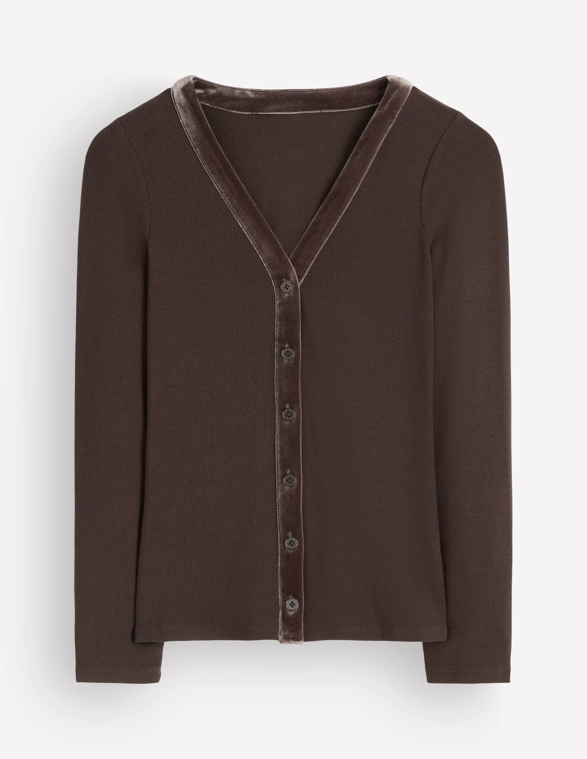 Velvet Trimmed V-Neck Top-Bitter Chocolate - 1