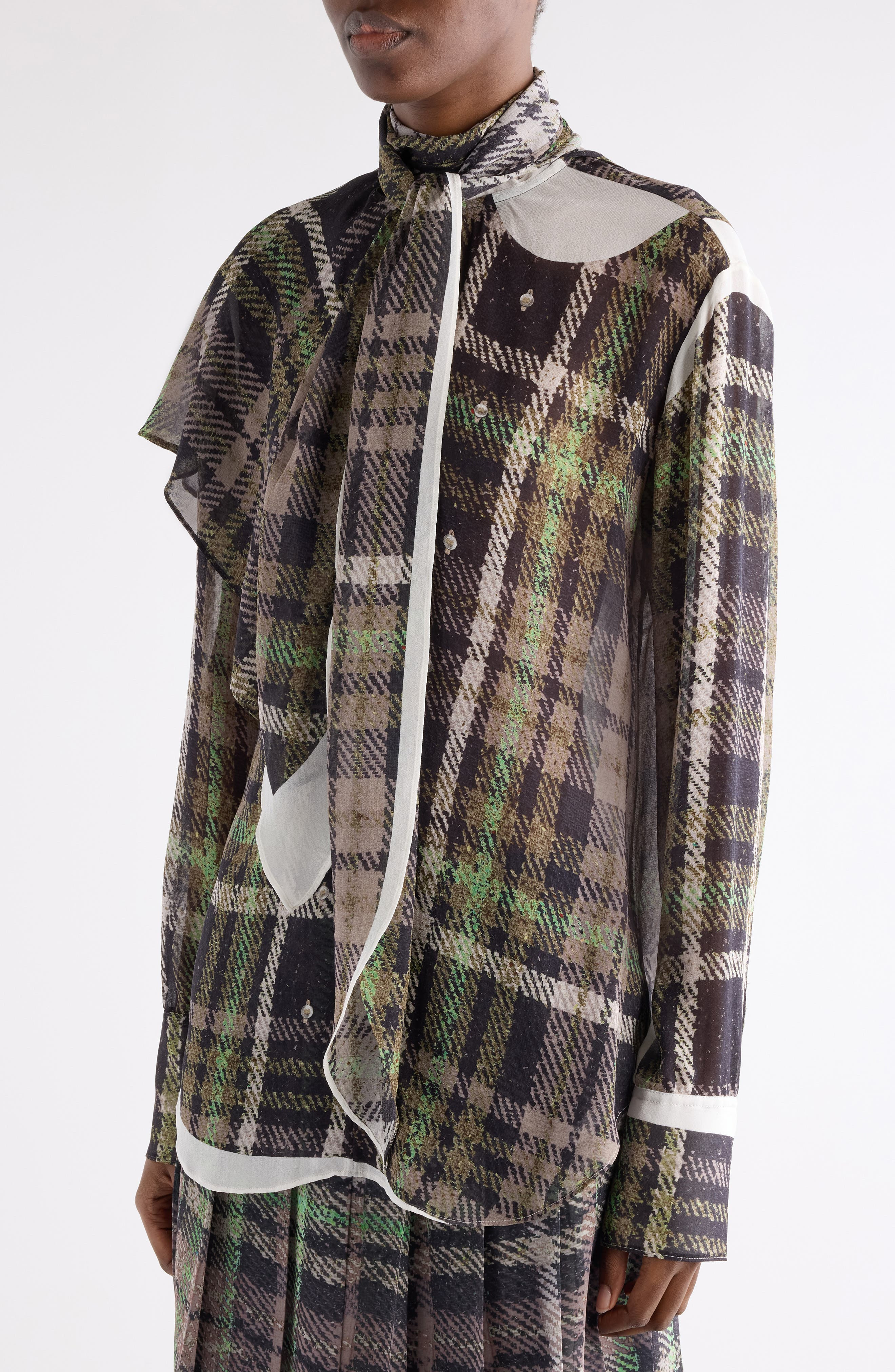 Acne Studios Senelle Plaid Silk Shirt in Green/Grey at Nordstrom - 5
