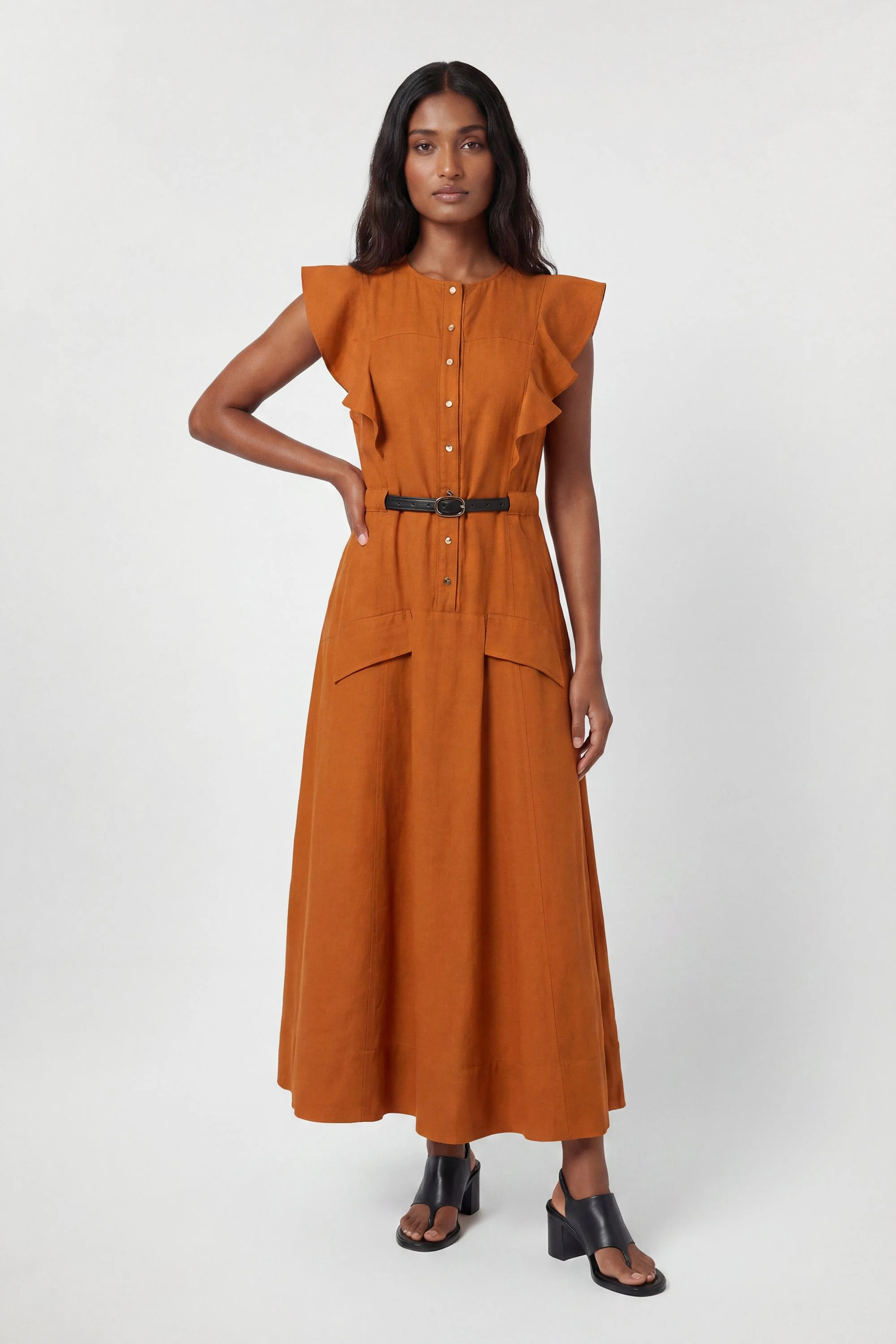 Viscose Linen Woven Halter Neck Midi Dress - 1