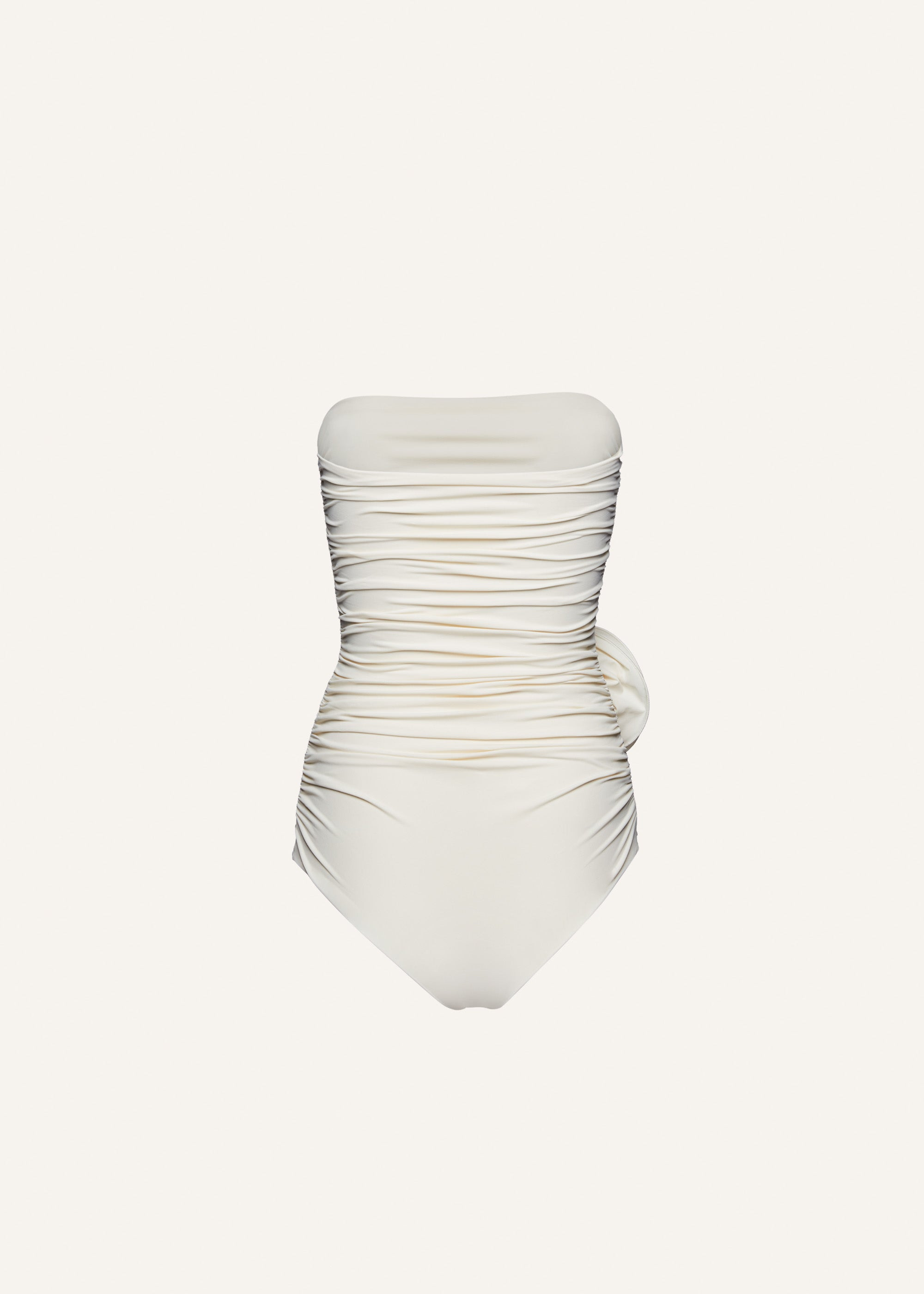 Flower appliqué strapless draped swimsuit in cream - 2