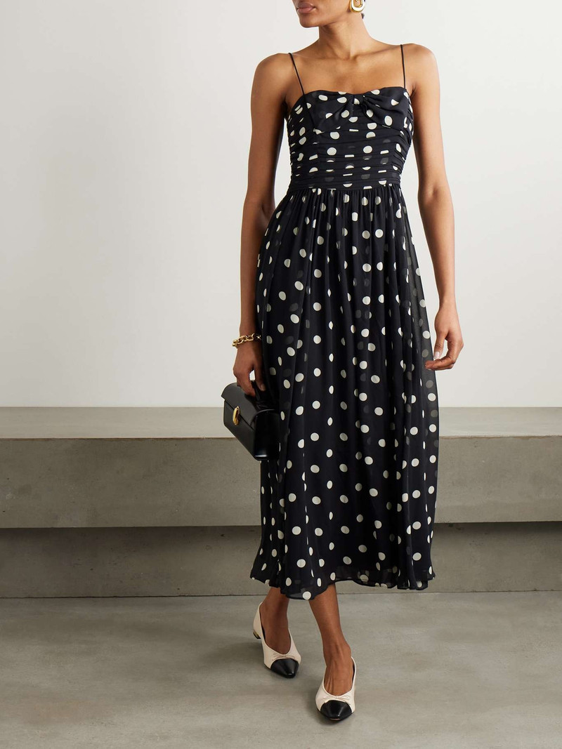 DÔEN Maryanna bow-detailed ruched polka-dot silk-georgette midi dress Black outlook