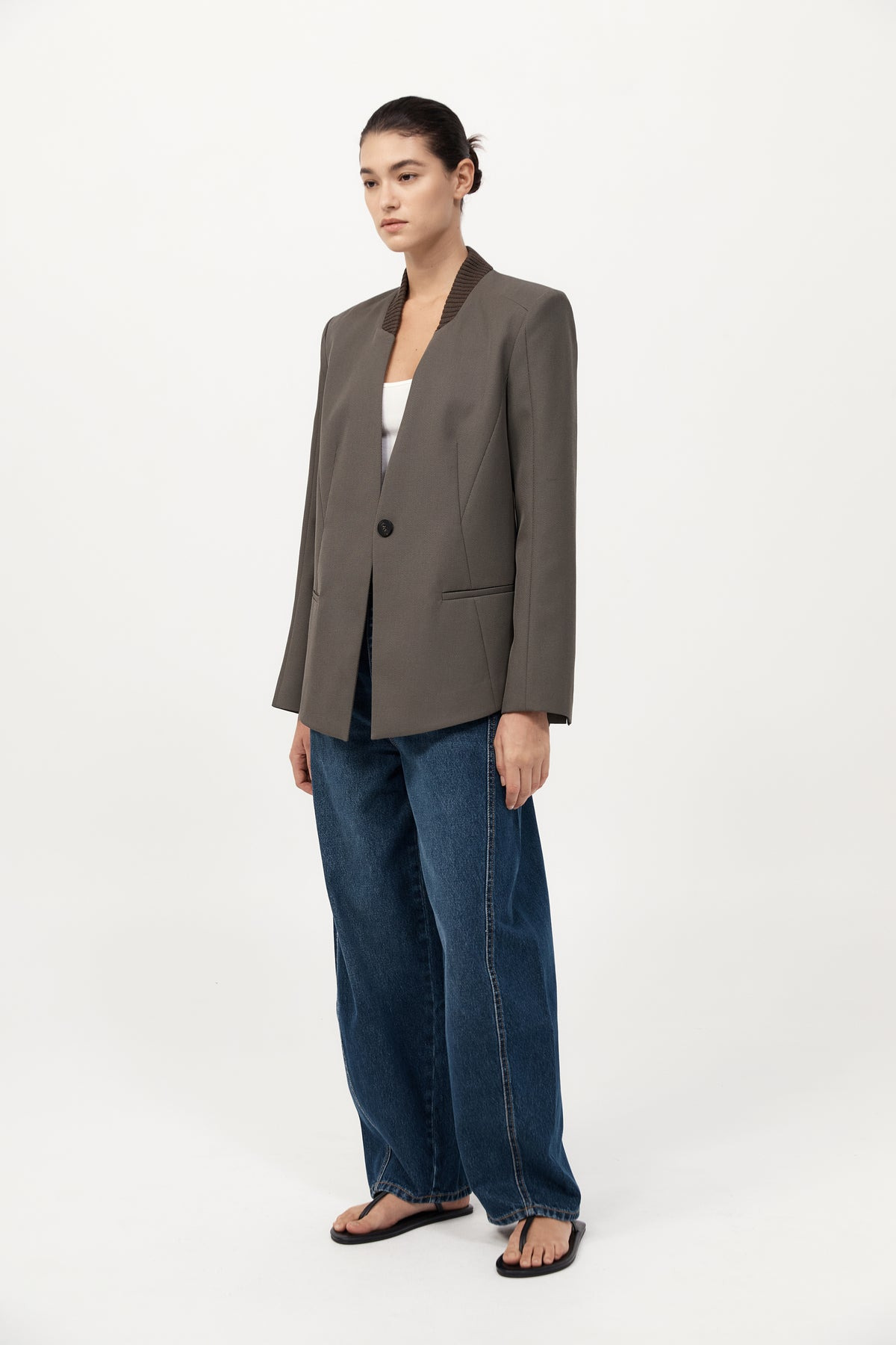Rib Collar Blazer - Khaki - 6