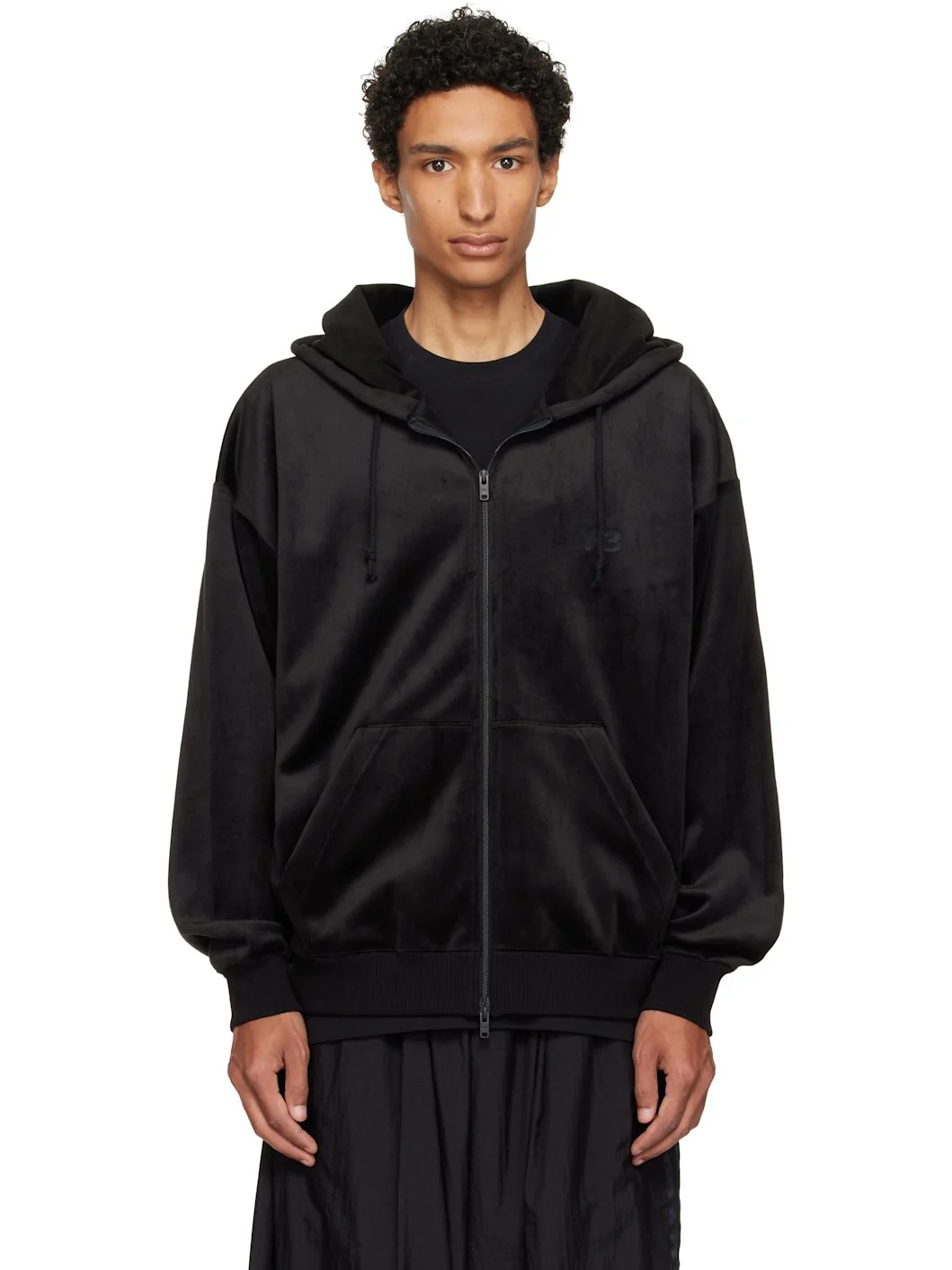 Black Velvet Corduroy Zipper Hoodie - 1