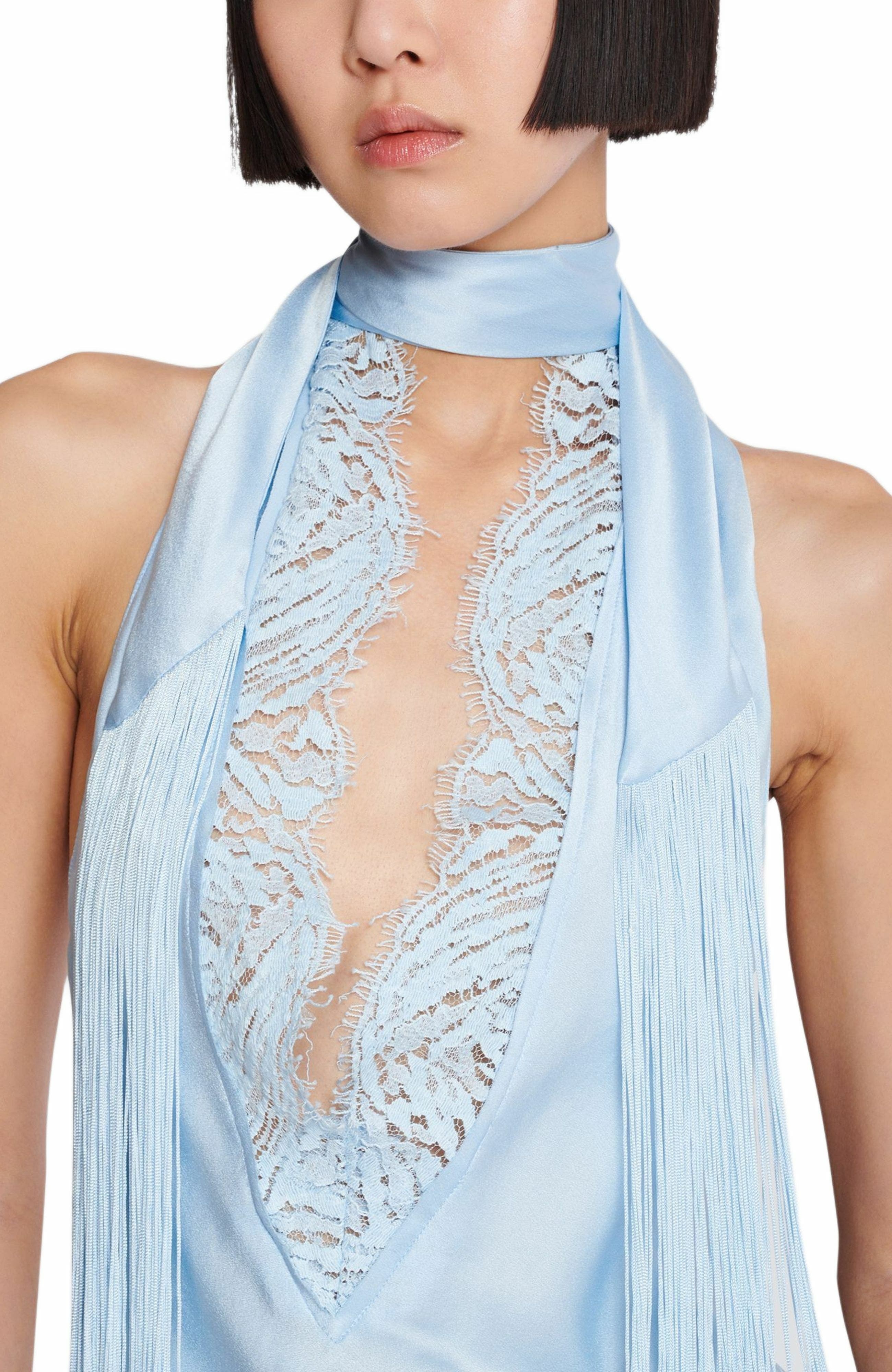Balmain Backless crepe satin top with fringe in Blue at Nordstrom - 6