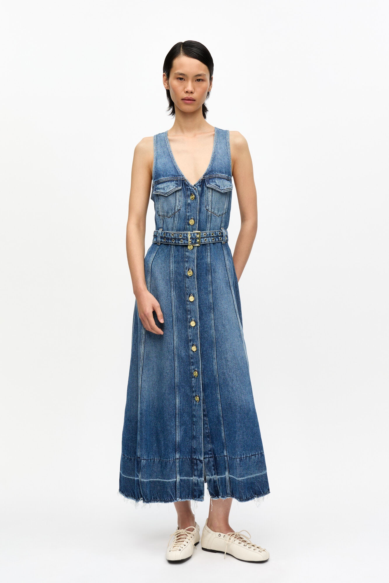 BLUE LIGHT DENIM BELT MIDI DRESS - 2