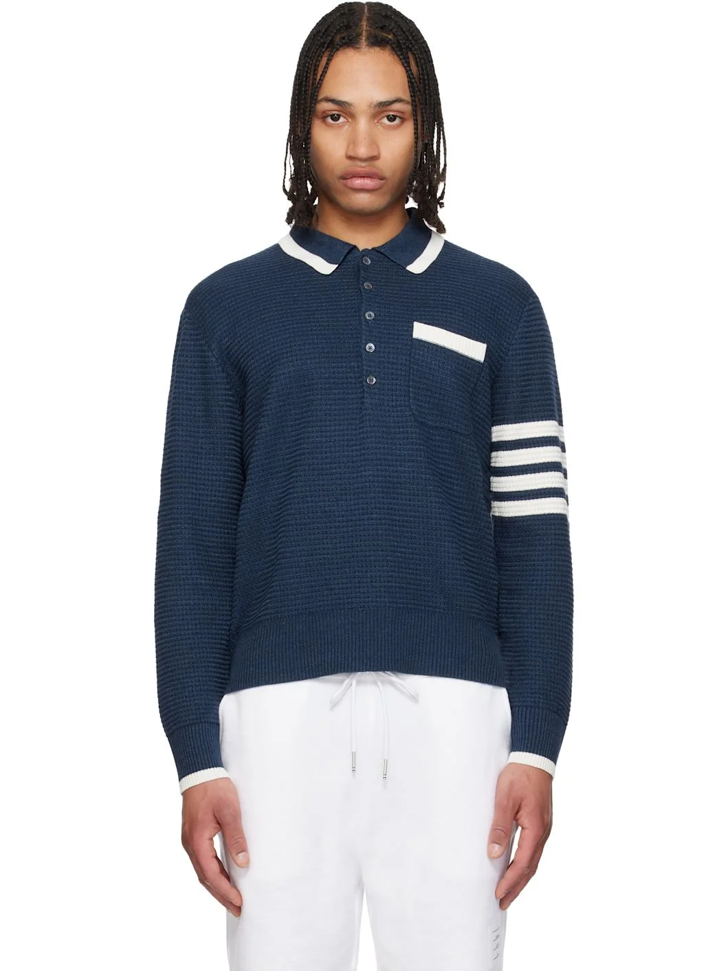 Navy Textured Stitch Relaxed Fit 4-Bar Polo - 1