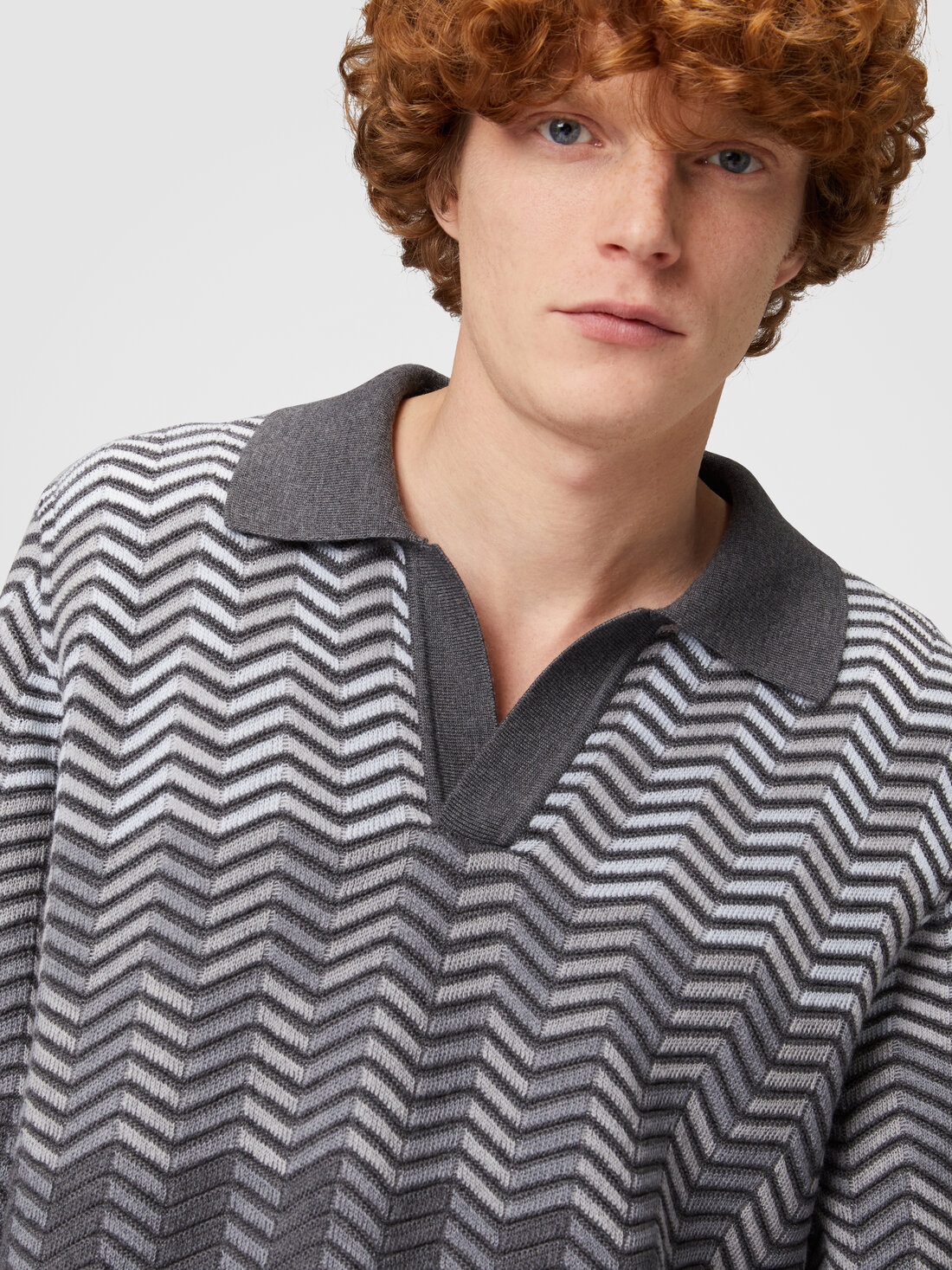 Long-sleeved polo shirt in zigzag virgin wool - 5