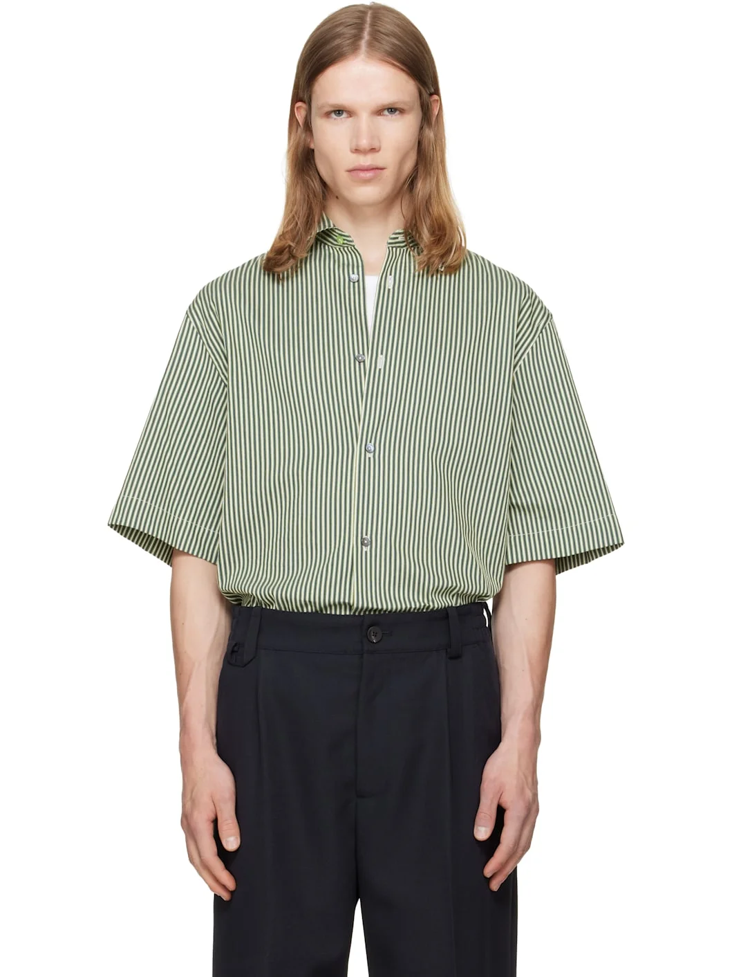 Green Stripe Oversized Cotton-Silk Shirt - 1