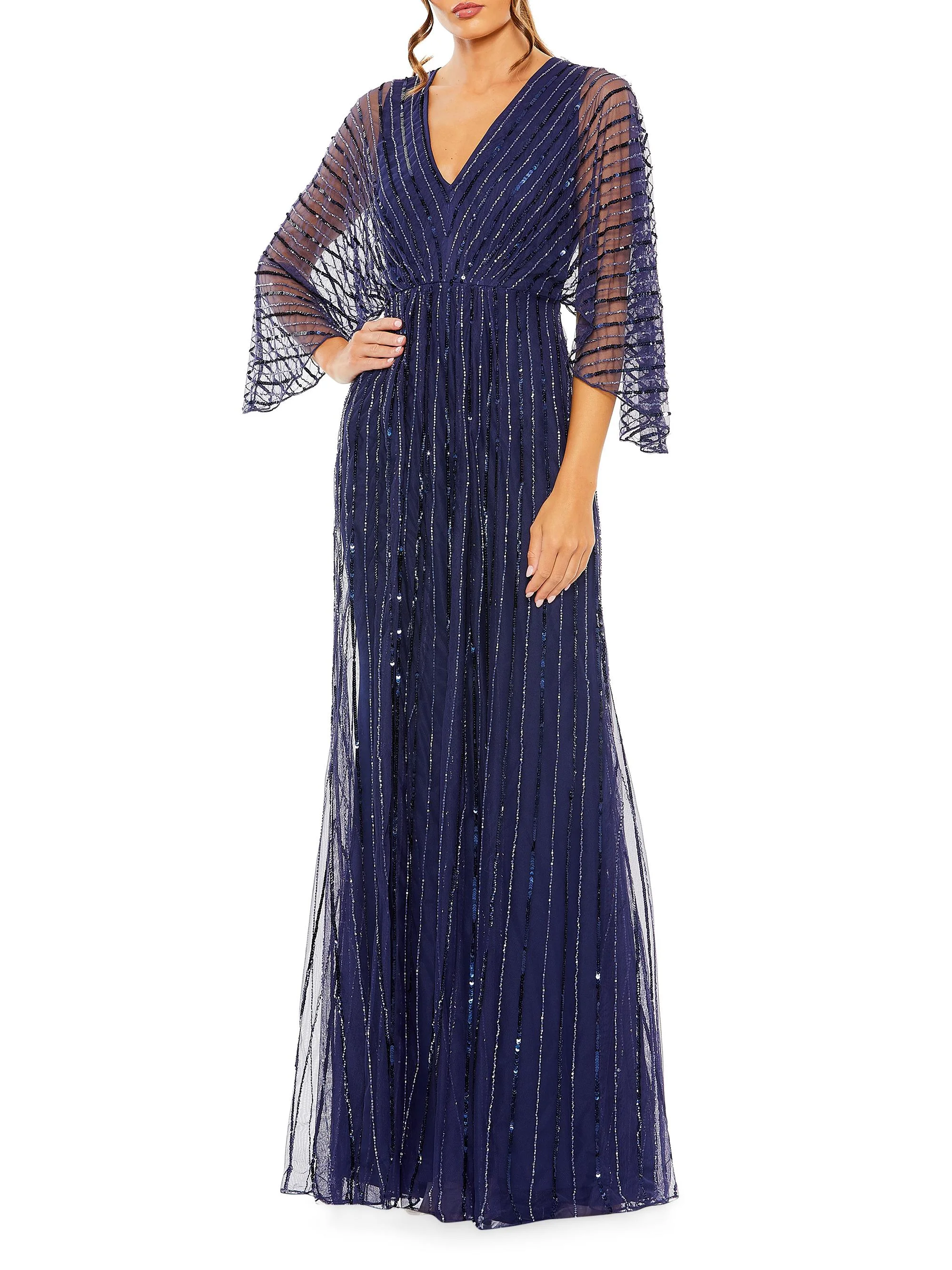Women's Wide-Sleeve Sequin Beaded Gown - Navy - 1