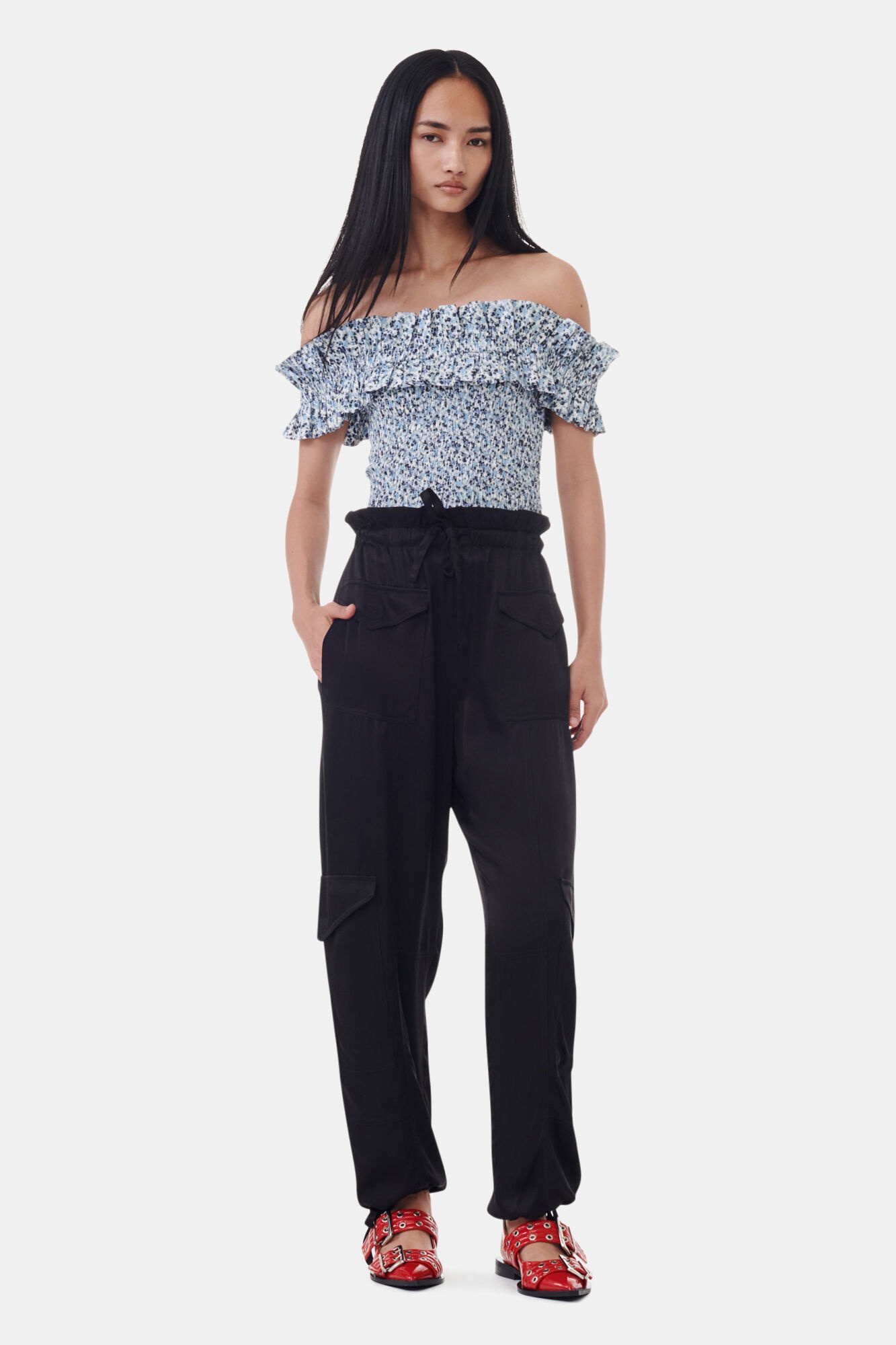BLUE FLORAL PRINTED COTTON OFF-SHOULDER SMOCK TOP - 3