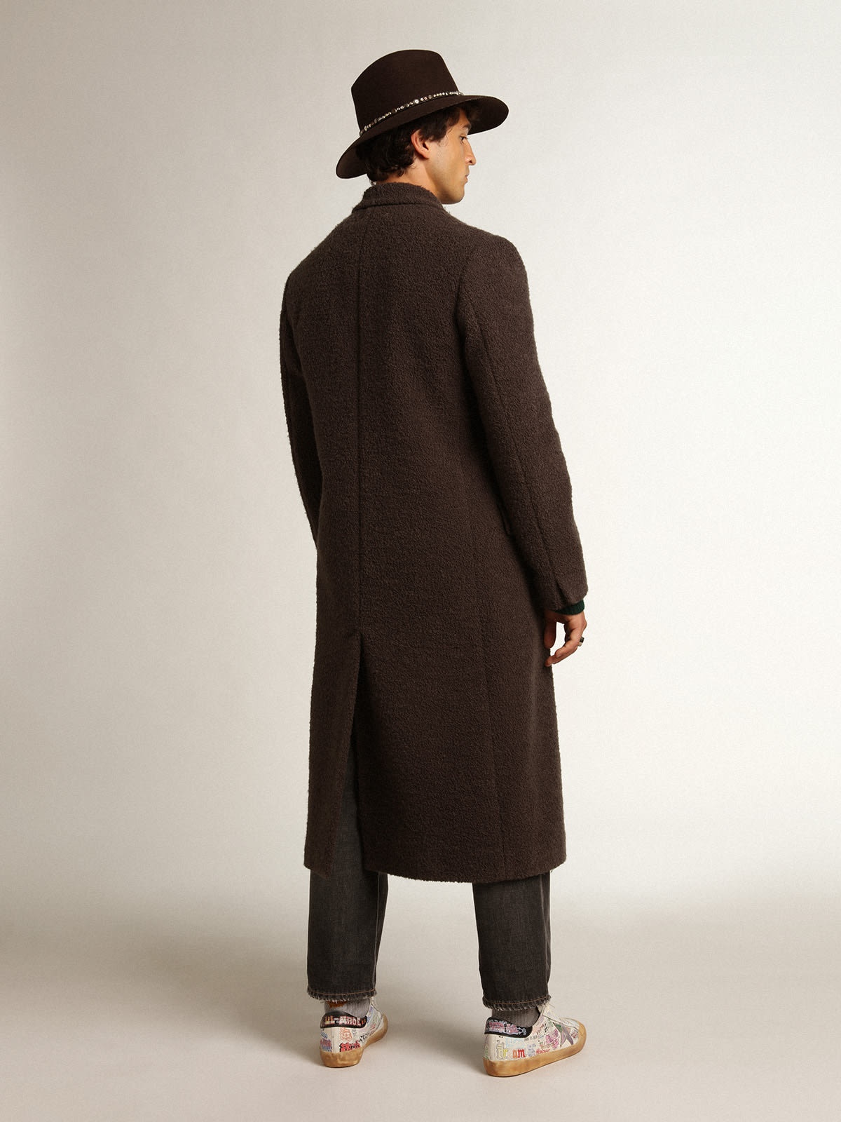 Men's double-breasted coat in licorice-colored bouclé wool - 4
