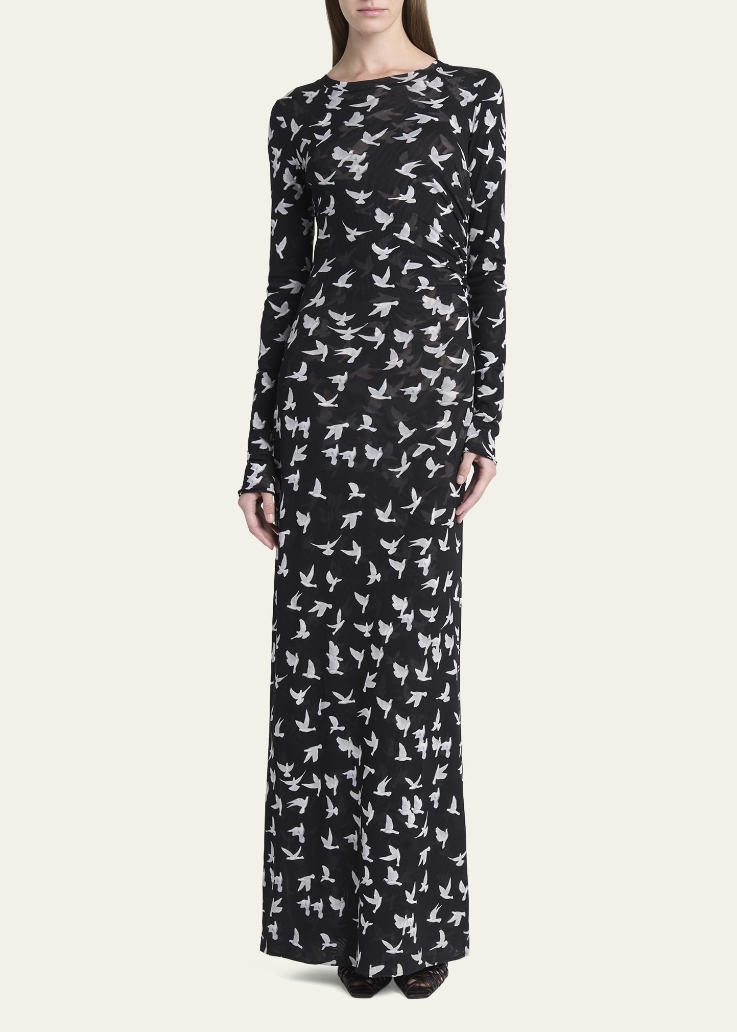 Long Mesh Bird Print Dress - 2