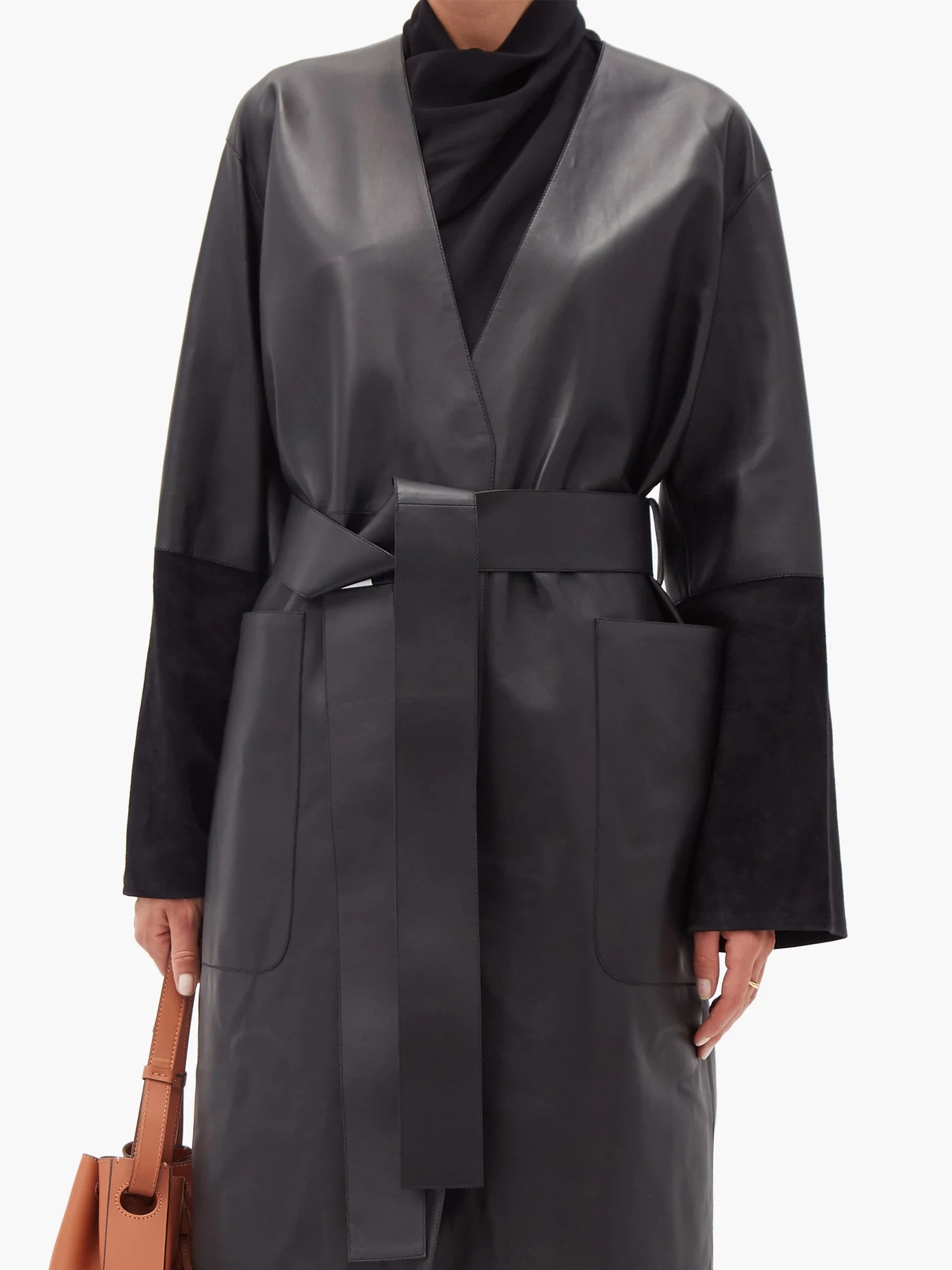 Suede-panelled leather wrap coat - 6