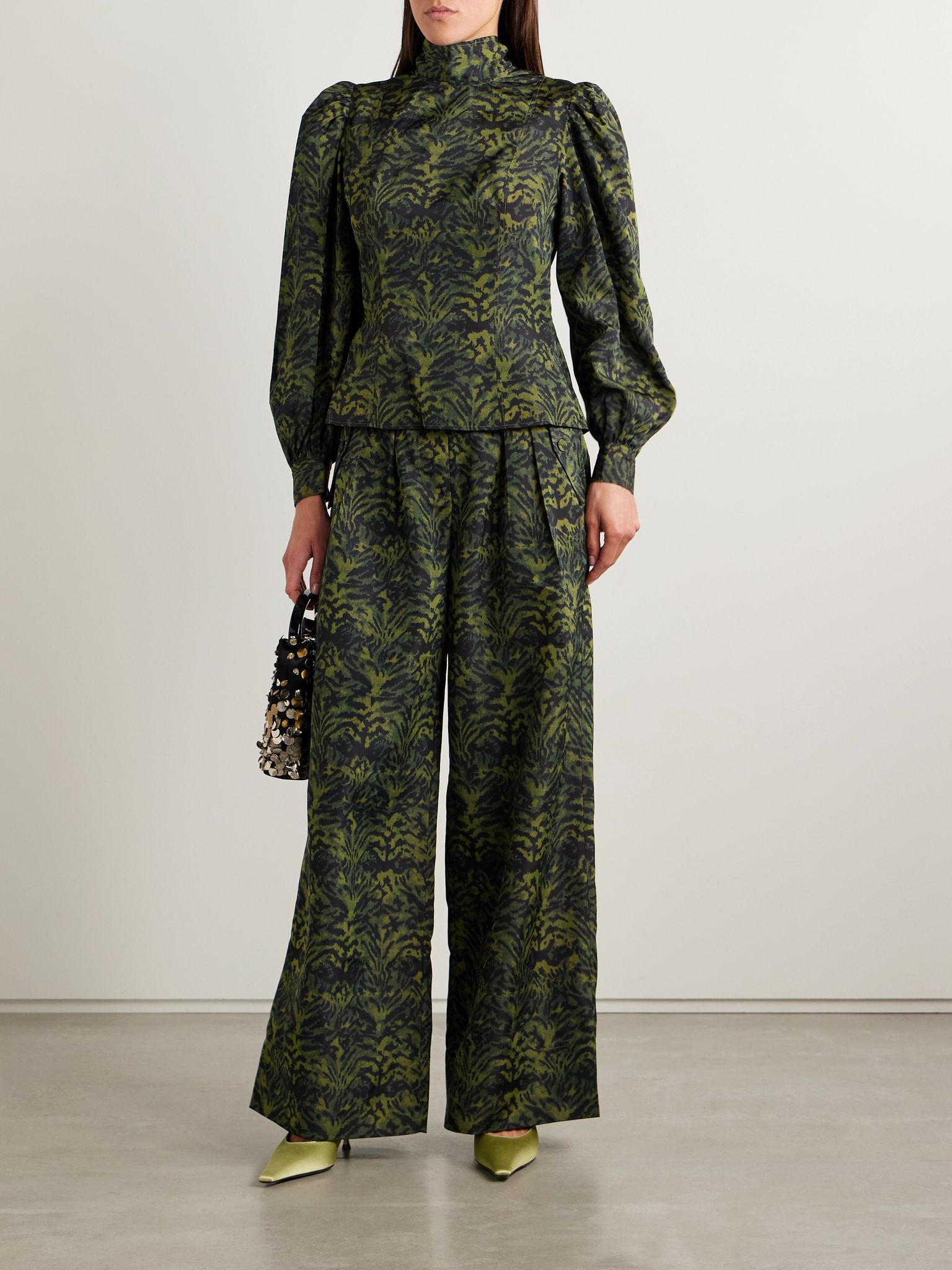 Charlie pleated printed poplin wide-leg pants Dark green - 2