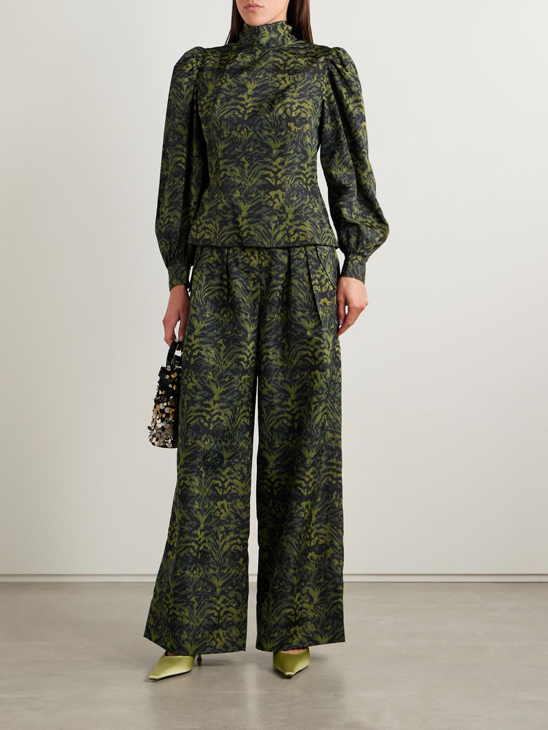 ULLA JOHNSON Charlie pleated printed poplin wide-leg pants Dark green outlook