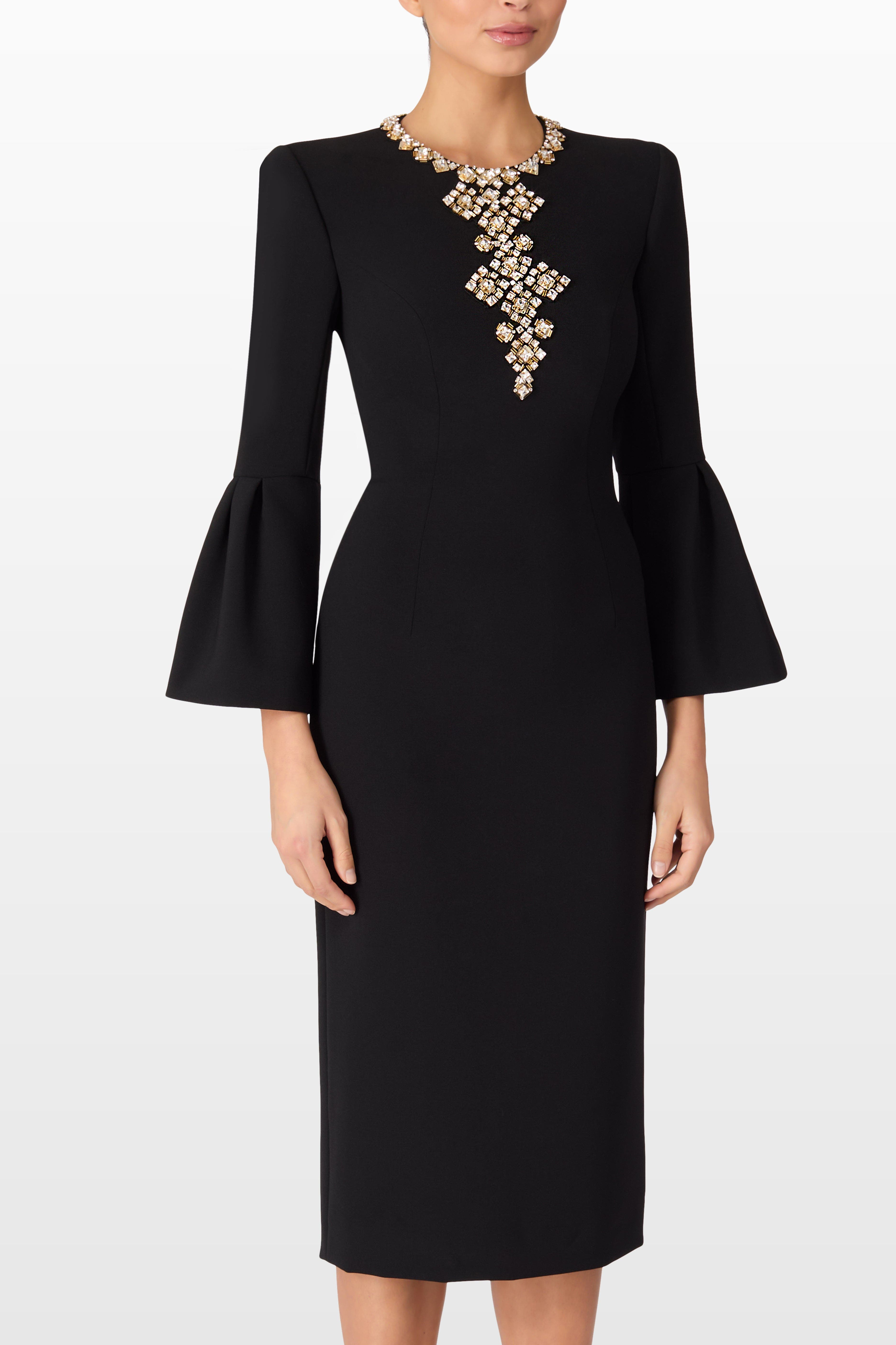 Jenny Packham Margoni Bell-Sleeve Embellished Midi Dress in Liquorice at Nordstrom - 2