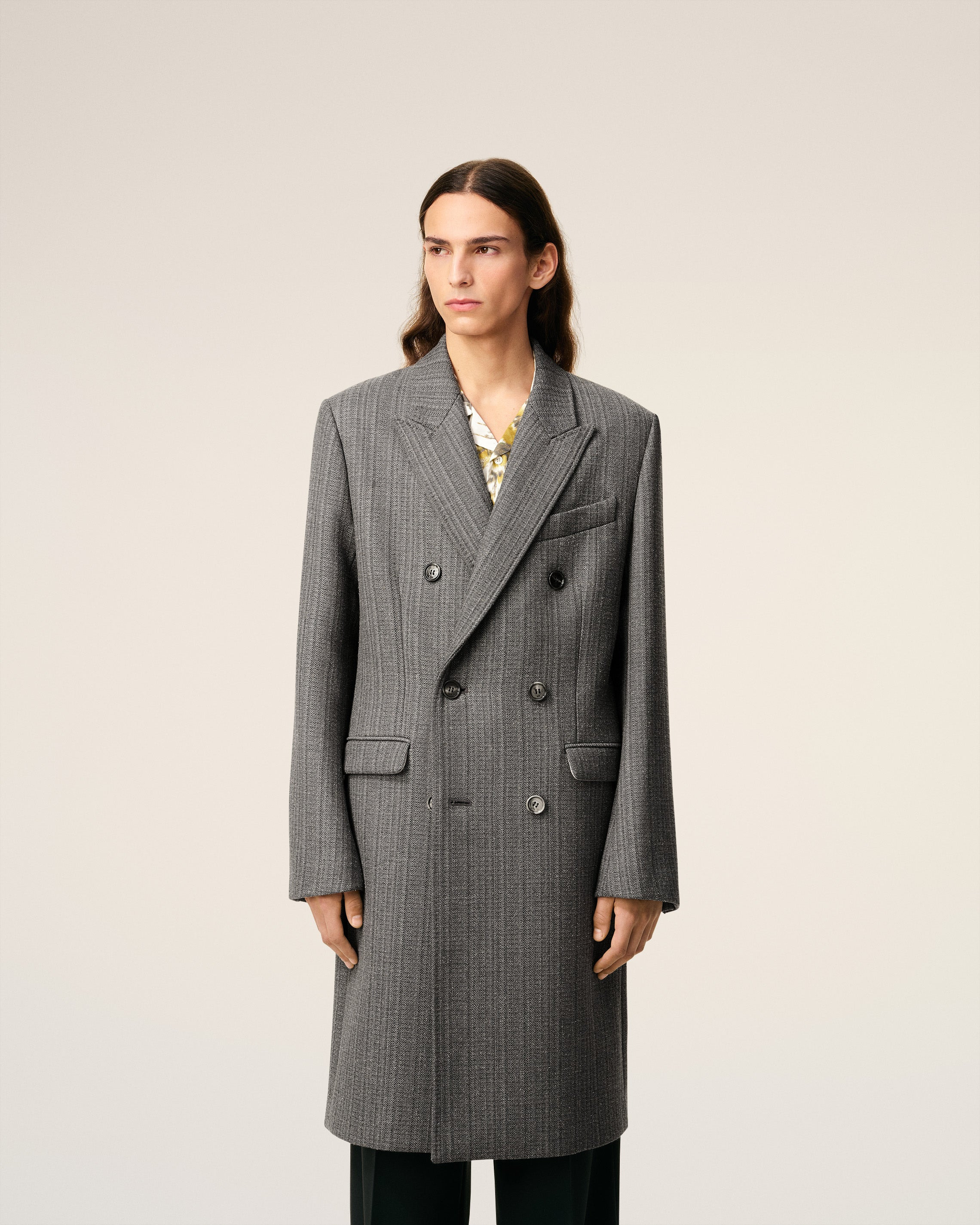 GREY WOOL HERRINGBONE DOUBLE BREASTED COAT - 3