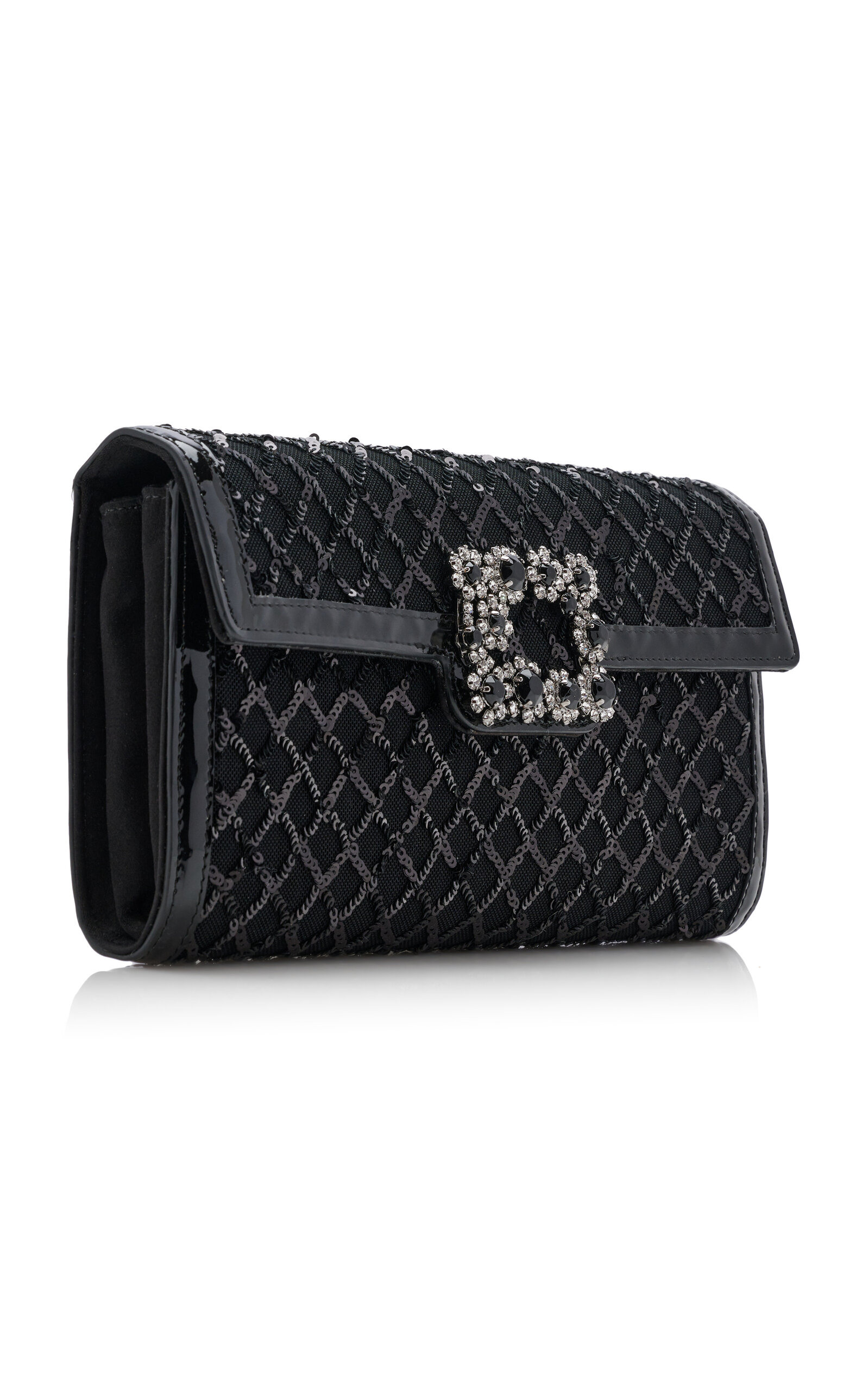 Flower-Buckle Sequined Patent Leather Clutch black - 4