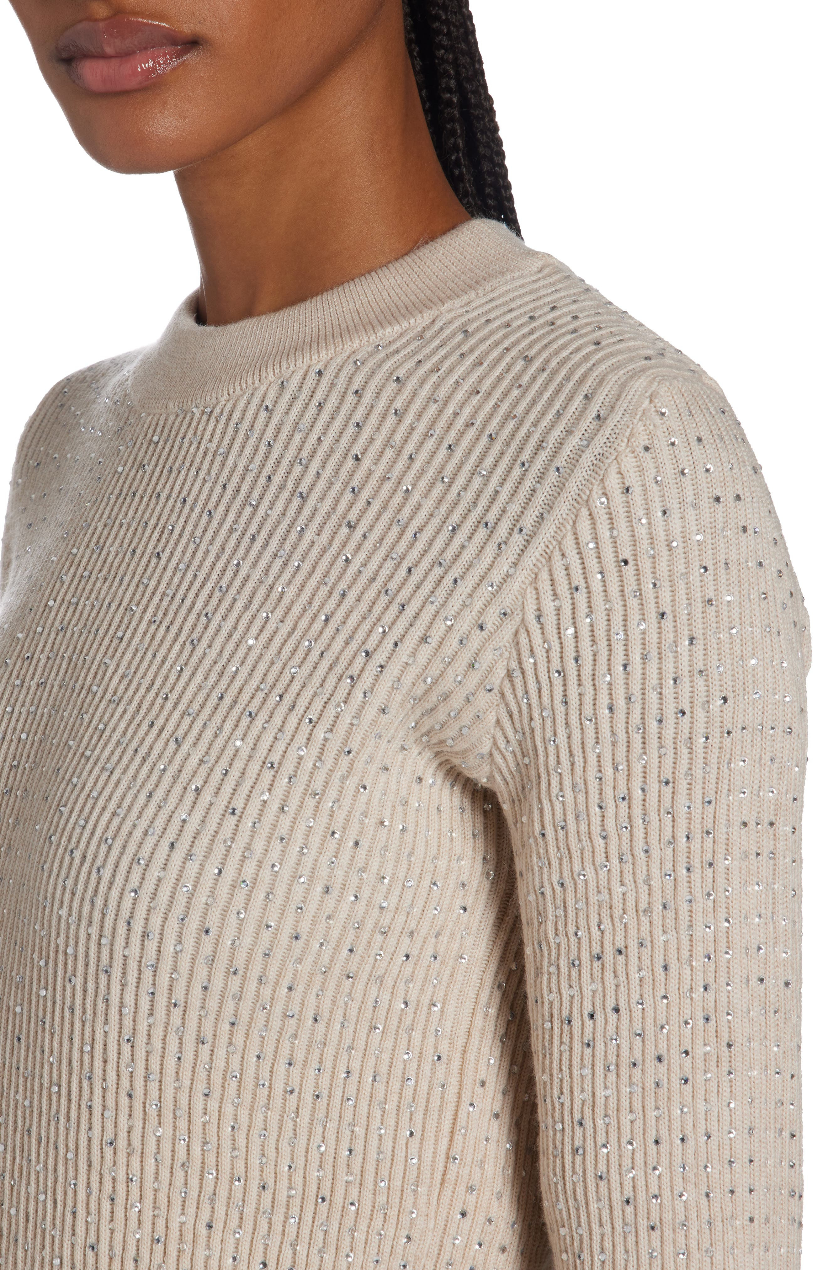 Crystal Embellished Virgin Wool Rib Crewneck Sweater - 5
