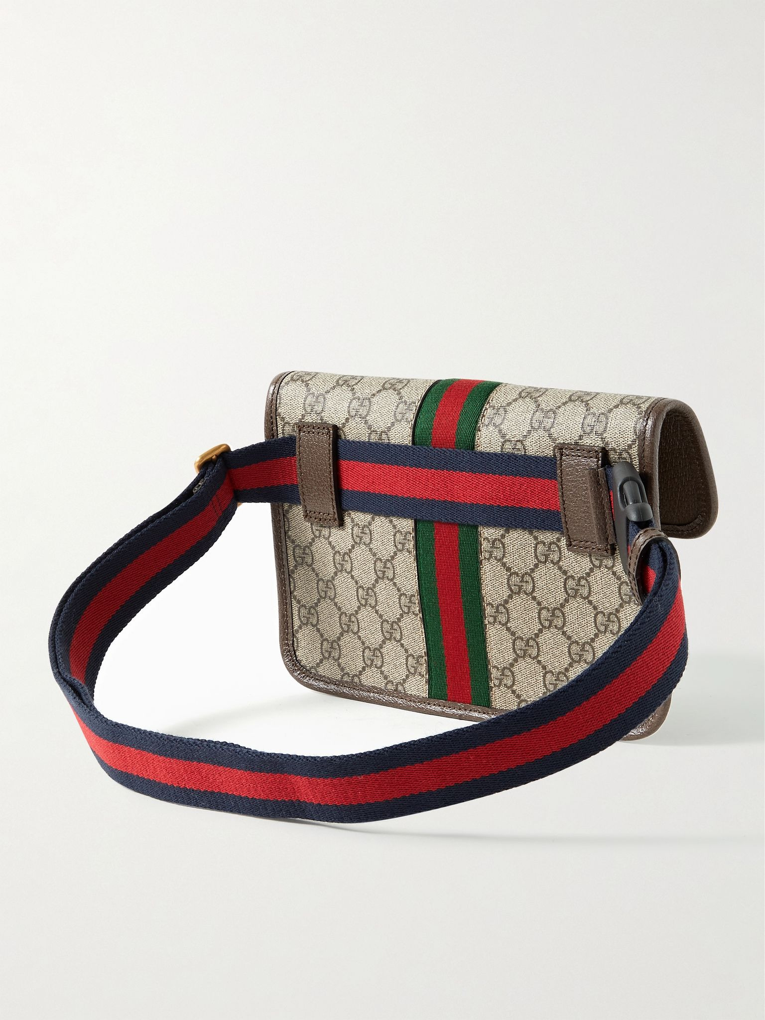 Ophidia Leather and Webbing-Trimmed Monogrammed Coated-Canvas Belt Bag Beige - 3