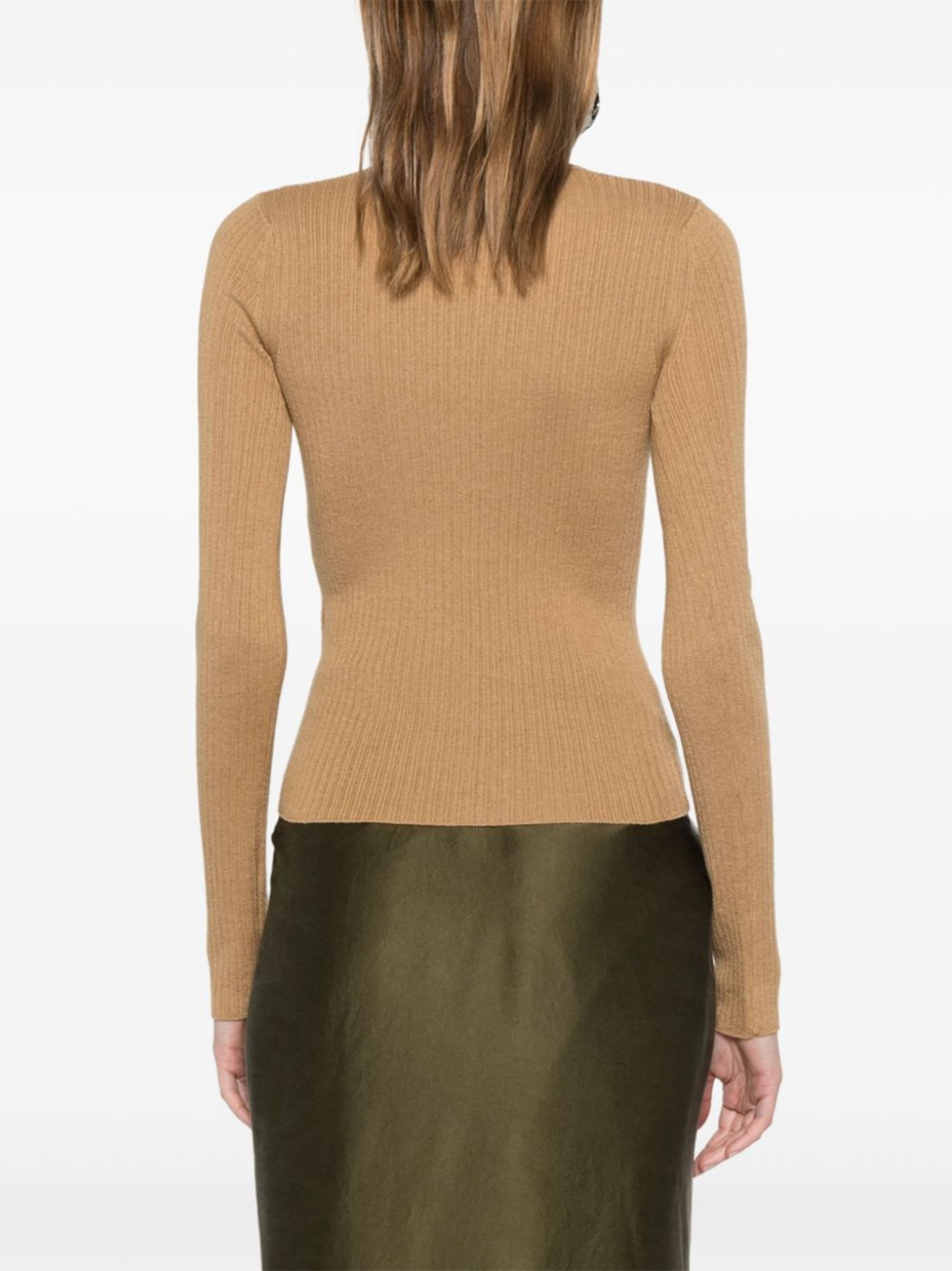 Neutral Ribbed-Knit V-Neck Sweater - 4