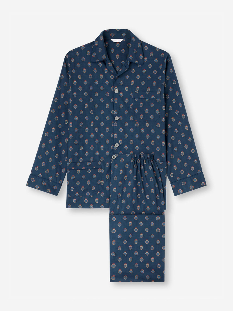 Derek Rose Men's Classic Fit Pajamas Cotton Batiste Navy Badge Print outlook