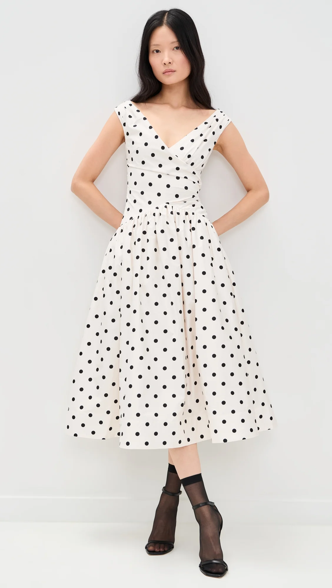 Cream Polka Dot Cotton Midi Dress - 1