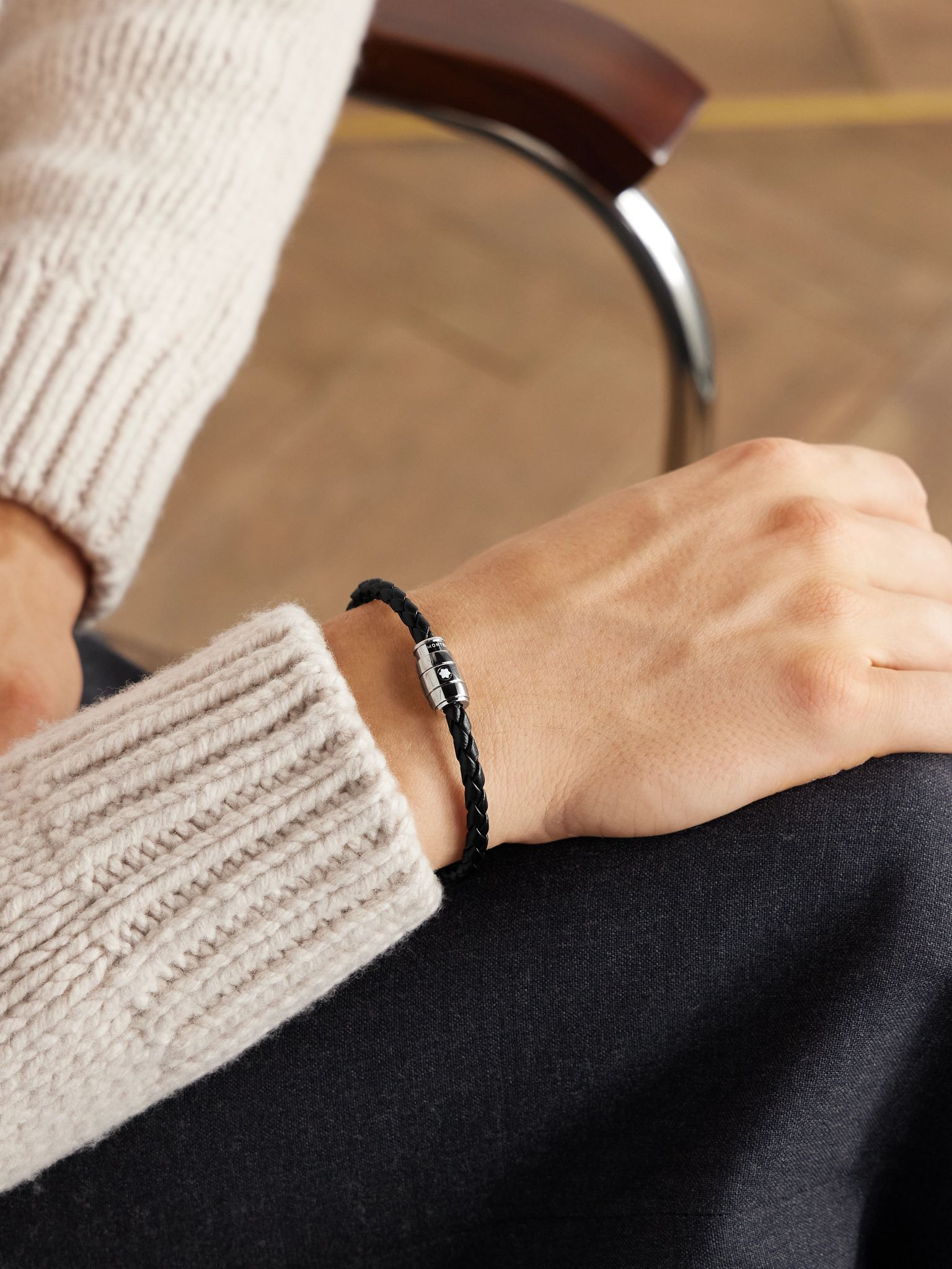 Meisterstück 3-Ring Stainless Steel and Woven Leather Bracelet Black - 2
