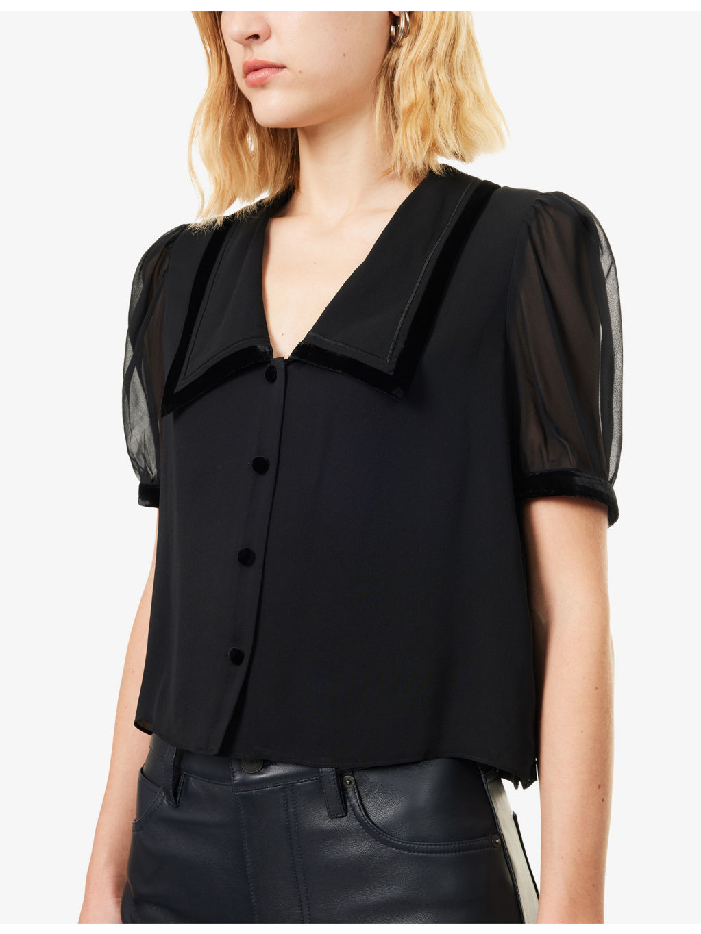 The Velvet Trim Sailor Silk Blouse - 5