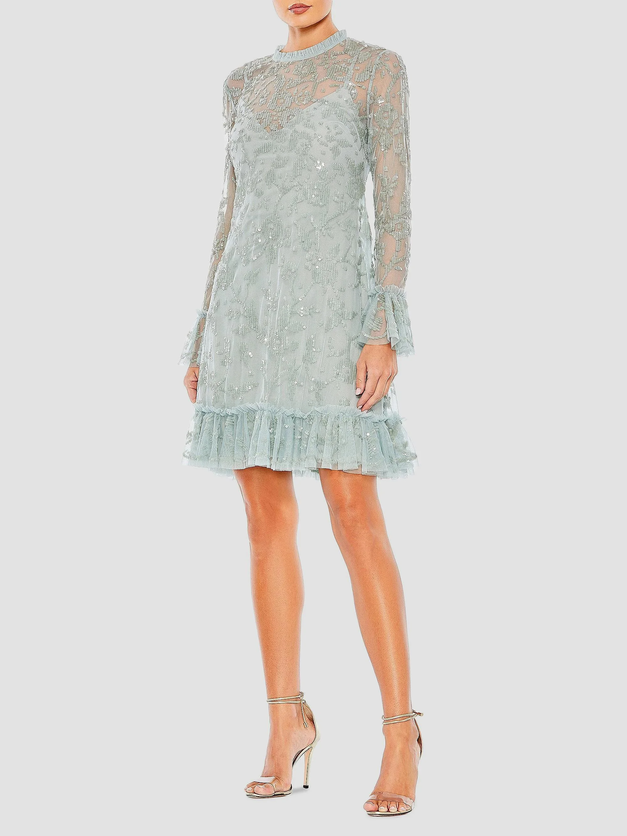 Women's Floral Sequin Ruffled Illusion Minidress - Seafoam - 1