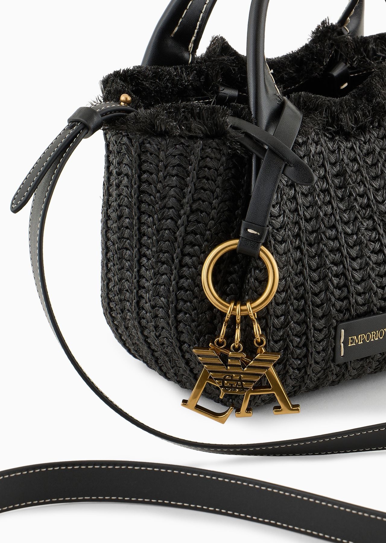 Woven straw handbag with logo charm - 5