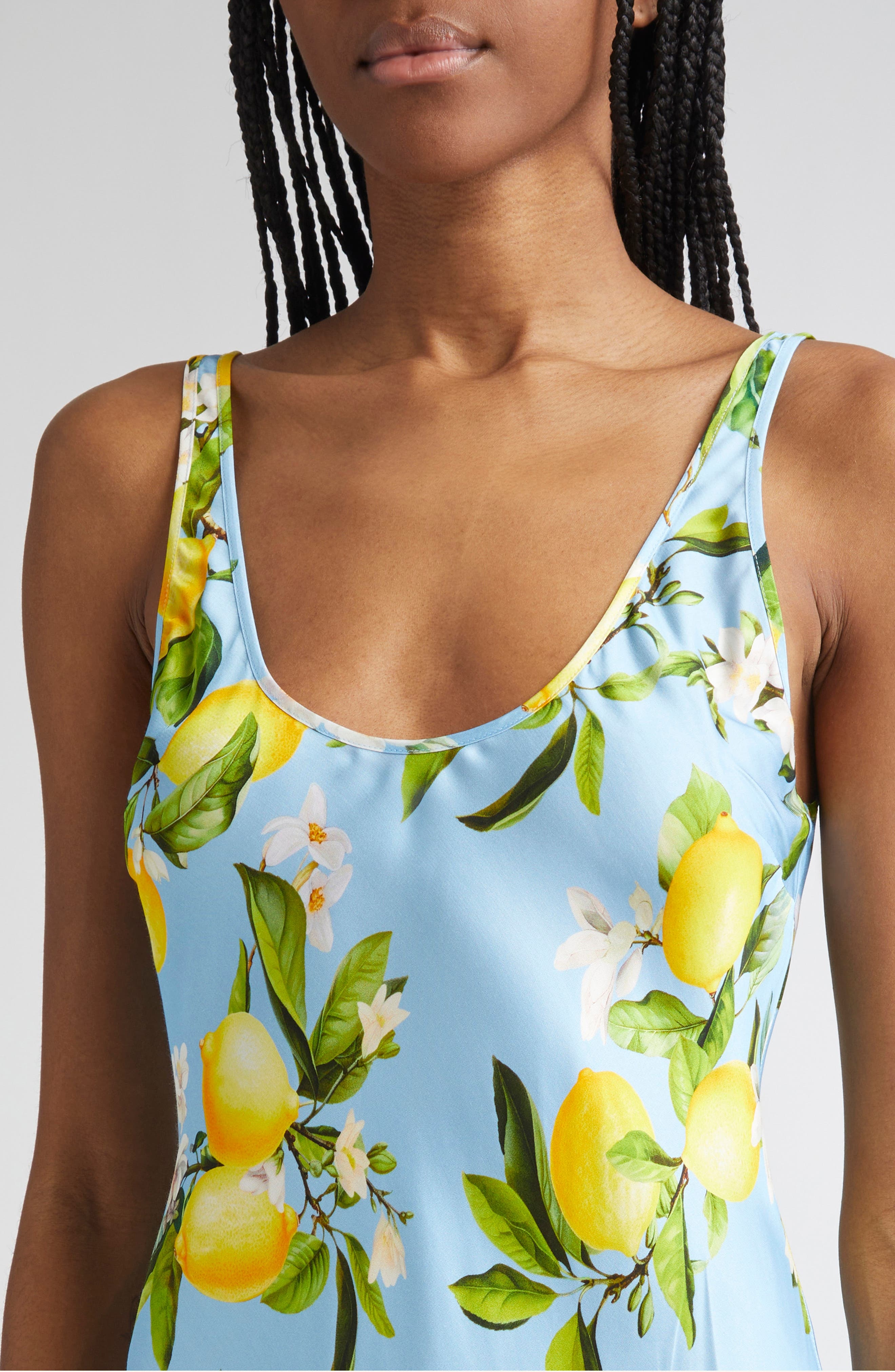 L'AGENCE Akiya Lemon Print Satin Tank Dress in Sky Blue/Yellow Floral Lemon at Nordstrom - 4