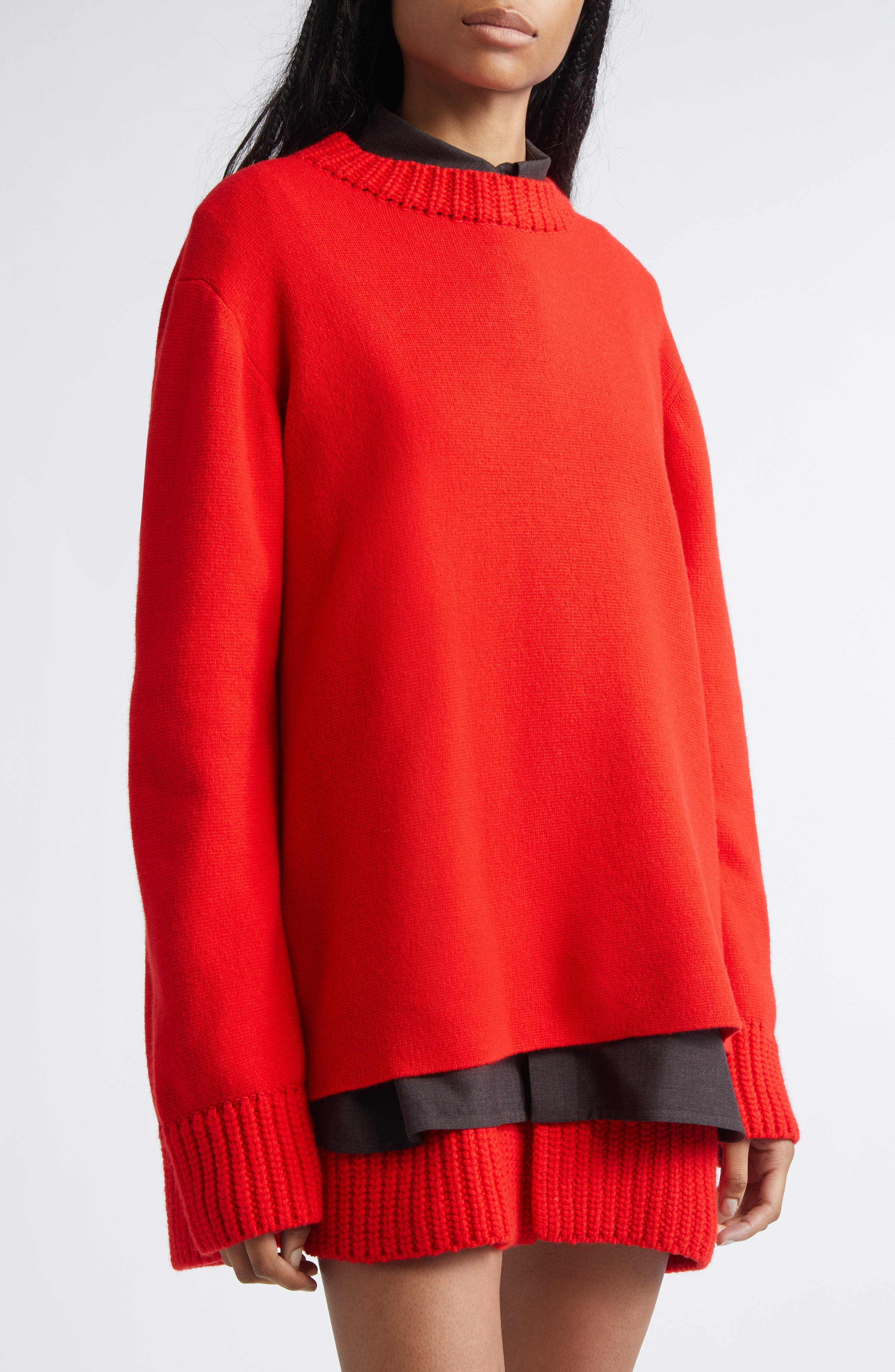 Sacai Mixed Media Long Sleeve Wool Suiting & Knit Sweater Dress in Red/Brown at Nordstrom - 4