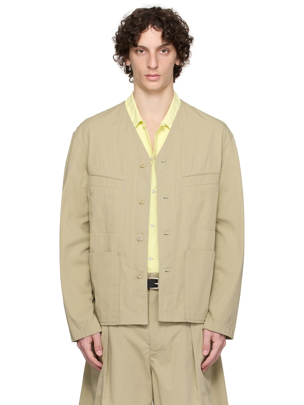 Khaki Collarless Overshirt - 1