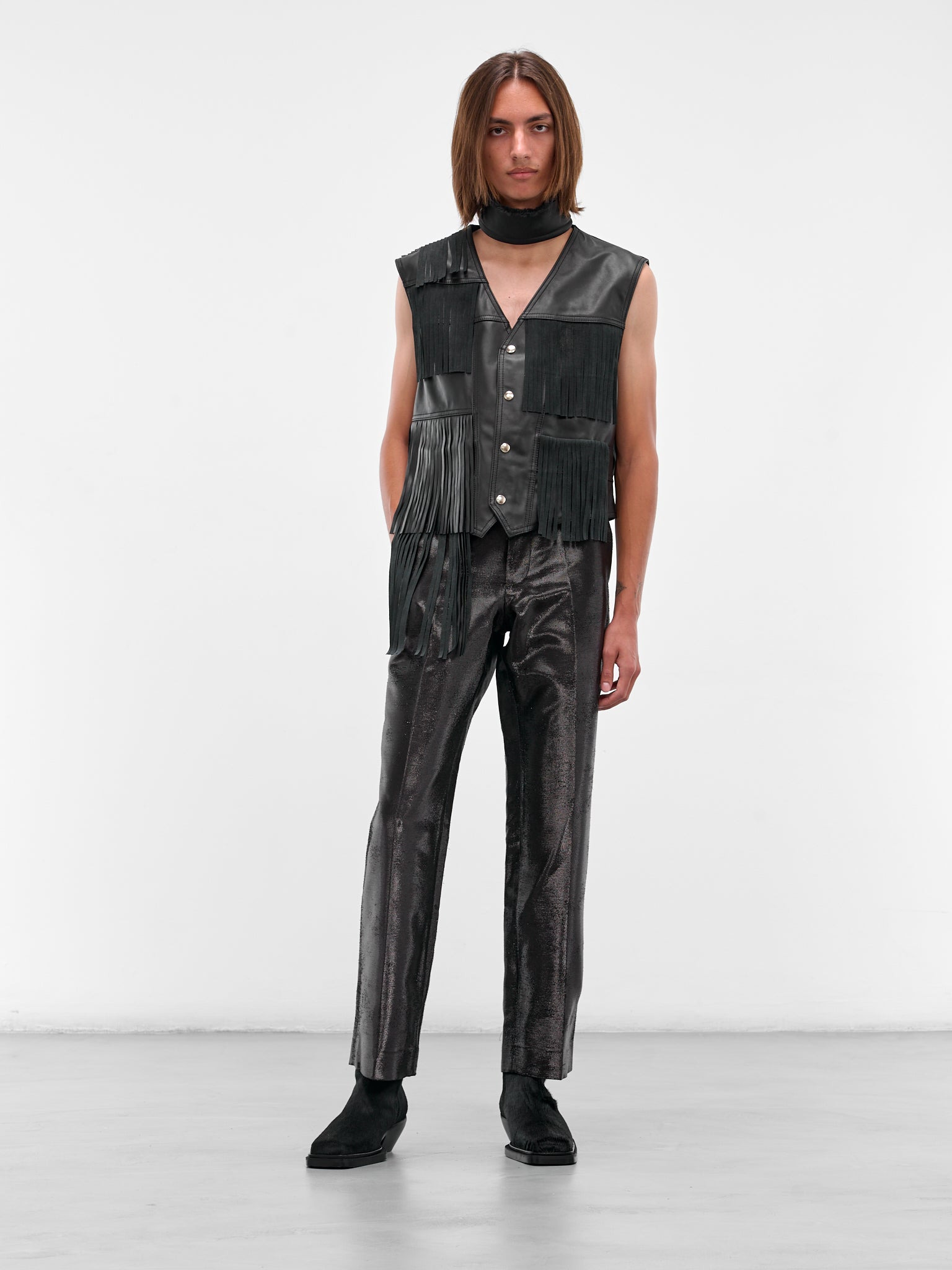 Black Distressed Jacquard Shine Trousers - 6